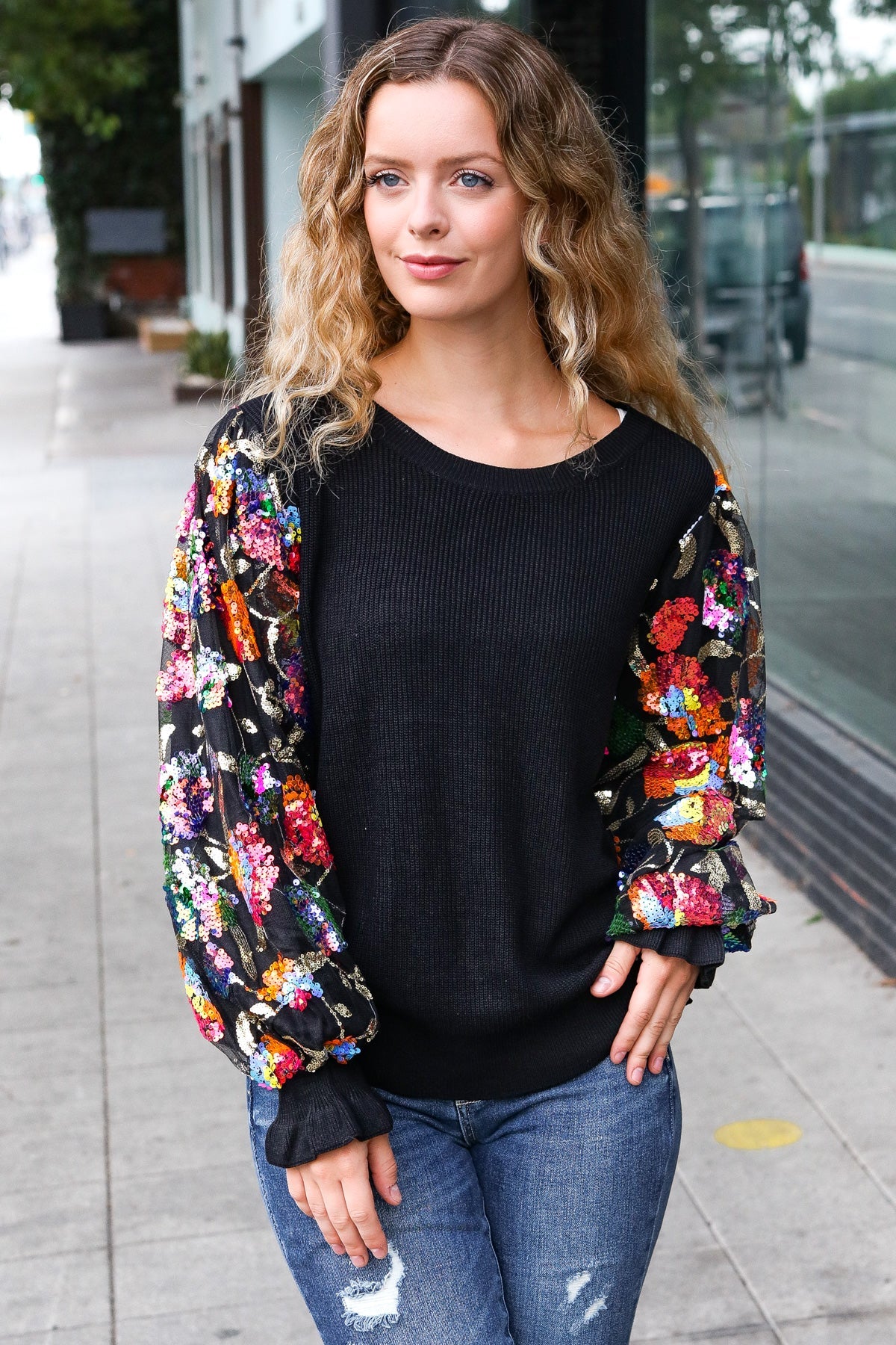 Diva Dreams Black Floral Sequin Mesh Sleeve Rib Knit Top for Women | Elegant Party Blouse | Perfect for Night Out, Date Night & Special Occasions