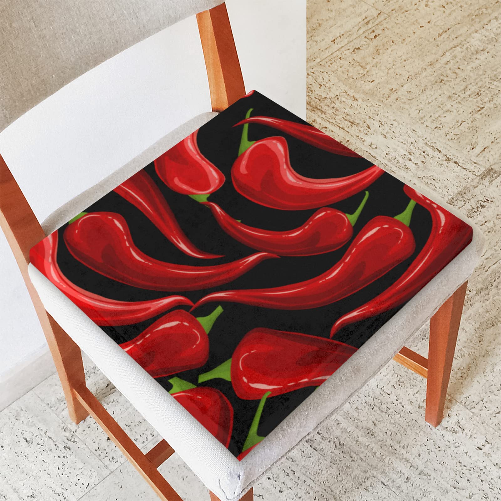 Non-Slip Memory Foam Chili Pepper Chair Cushions - 16x16 Inch Comfortable Seat Pads for Dining Chairs, Kitchen, Office, Car & Outdoor Use - Perfect for Home, Patio and Restaurant Decor