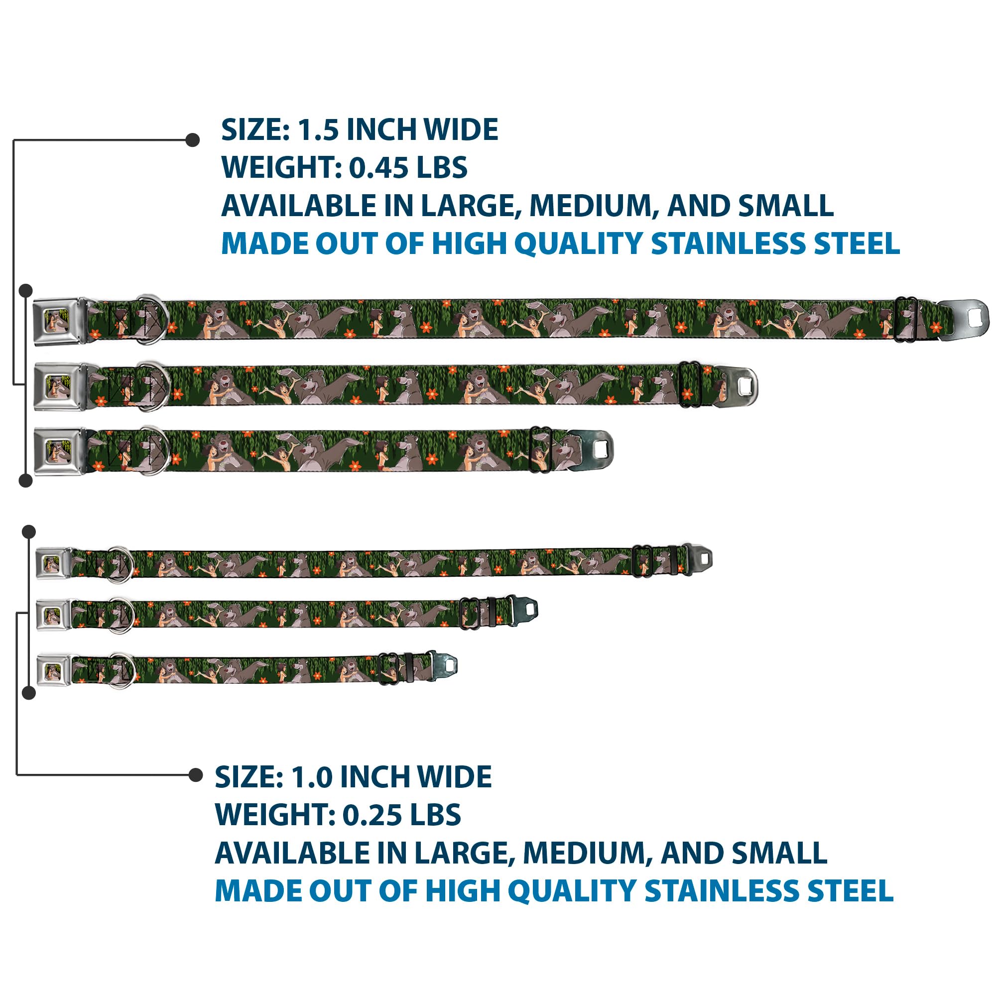 Dog Collar with Seatbelt Buckle - Mowgli & Baloo 3 Poses, Leaf & Flower Design, 1.0 Inch Wide (11-17 Inches) - Perfect for Car Safety & Outdoor Adventures with Your Pet