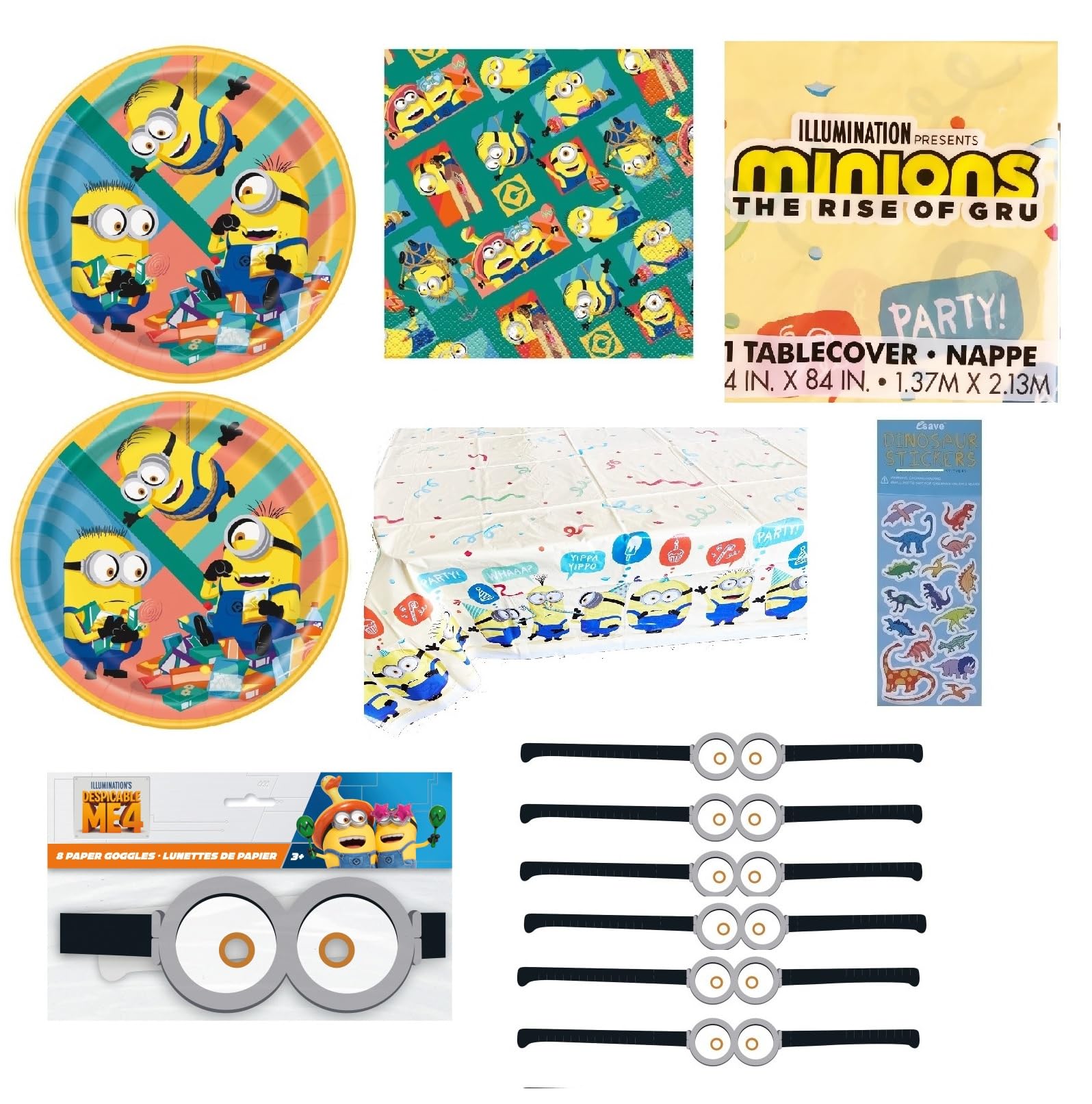 Despicable Me Party Supplies Bundle - 16 Plates, 16 Napkins, 1 Table Cover, 16 Paper Goggles & Dinosaur Stickers | Perfect for Birthday Parties, Themed Events & Kids Celebrations