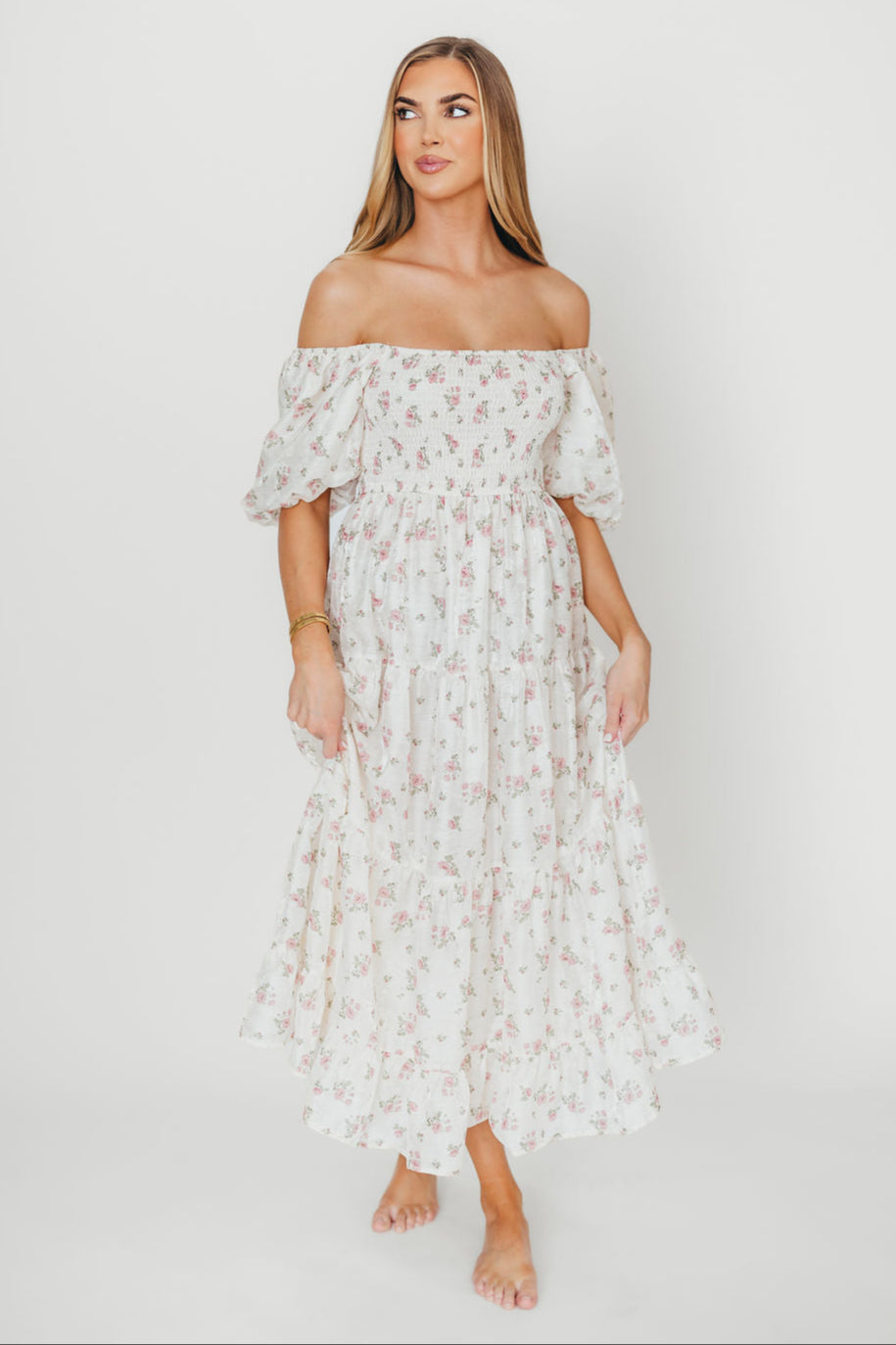 Mia Midi Dress in Ivory & Pink Floral Print - Elegant Summer Dress for Women, Perfect for Weddings, Parties & Casual Outings