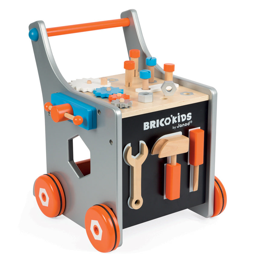 Janod BricoKids DIY Trolley Walker - Wooden Push Toy for Toddlers 1-3 Years Old | Learning & Activity Toy for Kids | Perfect for Indoor Play, First Steps & Early Childhood Development