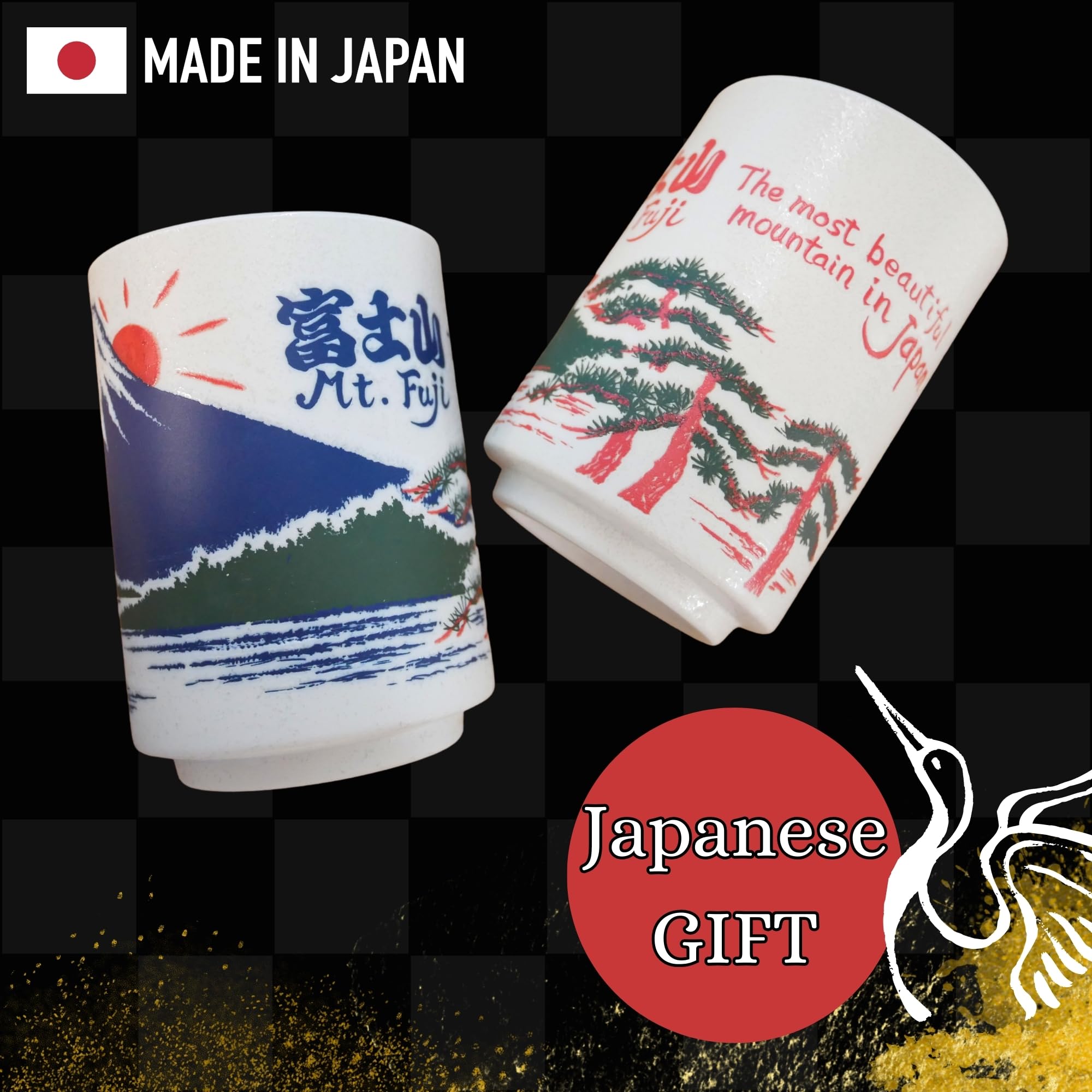 Premium Japanese Tea Cups Set - Authentic Sushi-Yunomi Mino Ware with Bamboo Coaster (2-Piece, Mt. Fuji Design) - Perfect for Matcha, Sencha & Traditional Tea Ceremonies