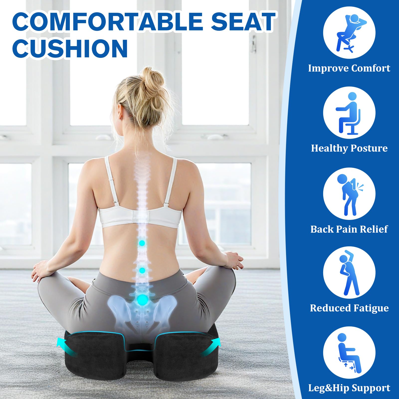 Memory Foam Seat Cushion for Office Chair, Wheelchair & Car - Anti-Slip Bottom with Removable Cover for Tailbone Pain Relief - Perfect for Home Office, Long Drives & Mobility Comfort (Black)