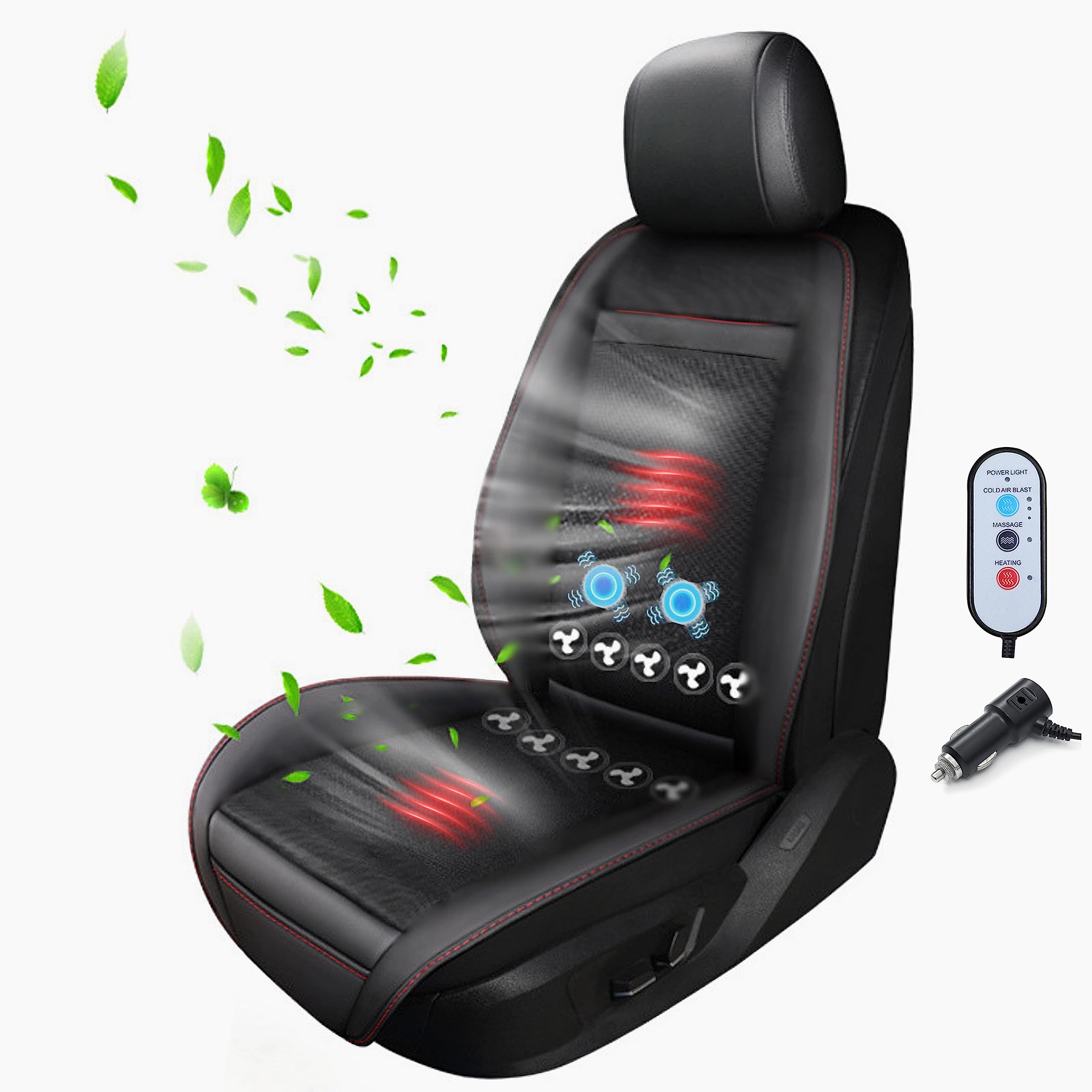 Premium Faux Leather Car Seat Cover with Heating & Massage - Cooling Summer Seat Pad for All Seasons - Black (Fits Front Driver Seat) | Comfortable & Durable for Long Drives, Commuting & Road Trips