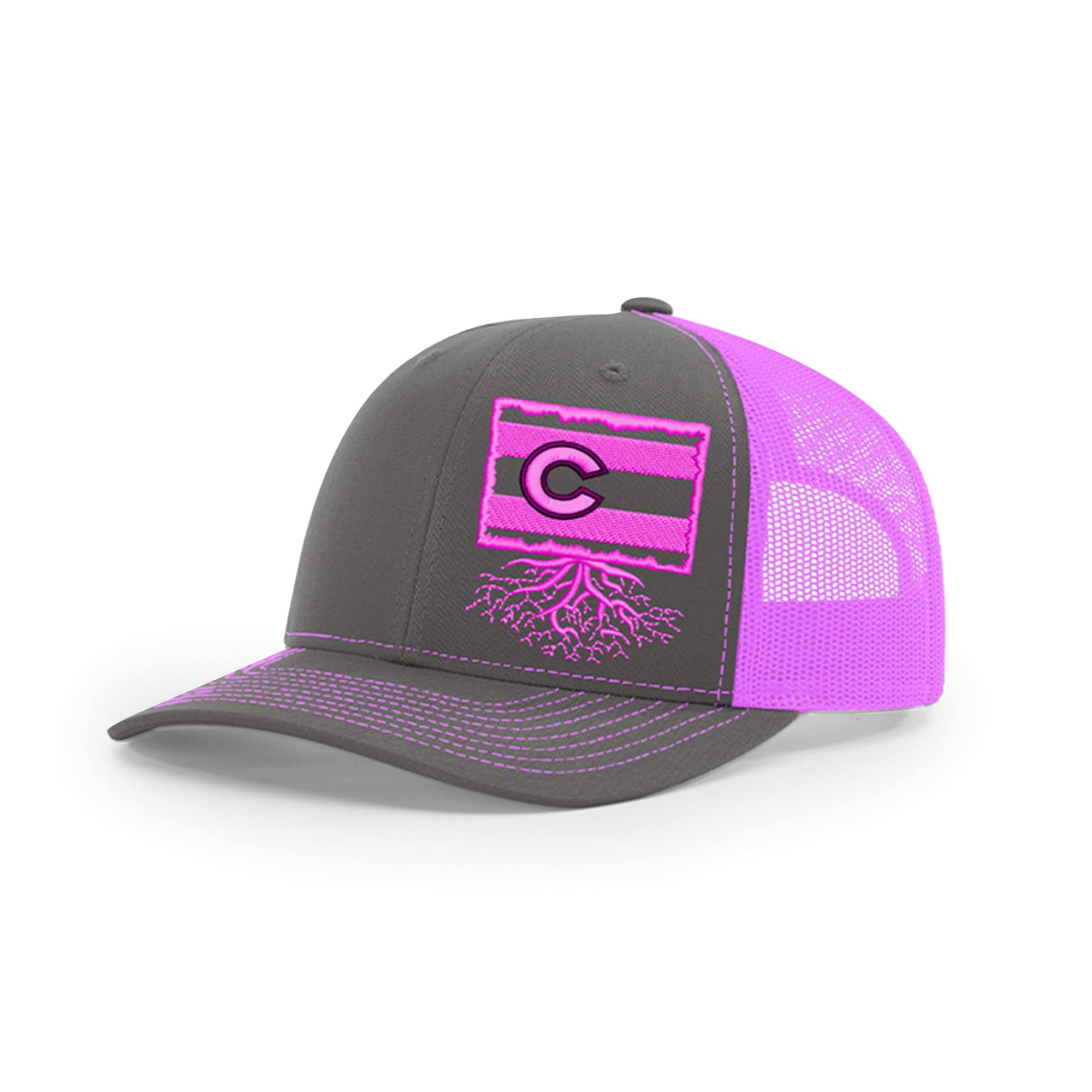 Colorado Roots Snapback Hat - Stylish Unisex Baseball Cap with Mesh Back, Polyester Cotton Six-Panel Trucker Hat, One Size Fits Most (Charcoal & Pink) - Perfect for Outdoor Activities, Sports & Casual Wear