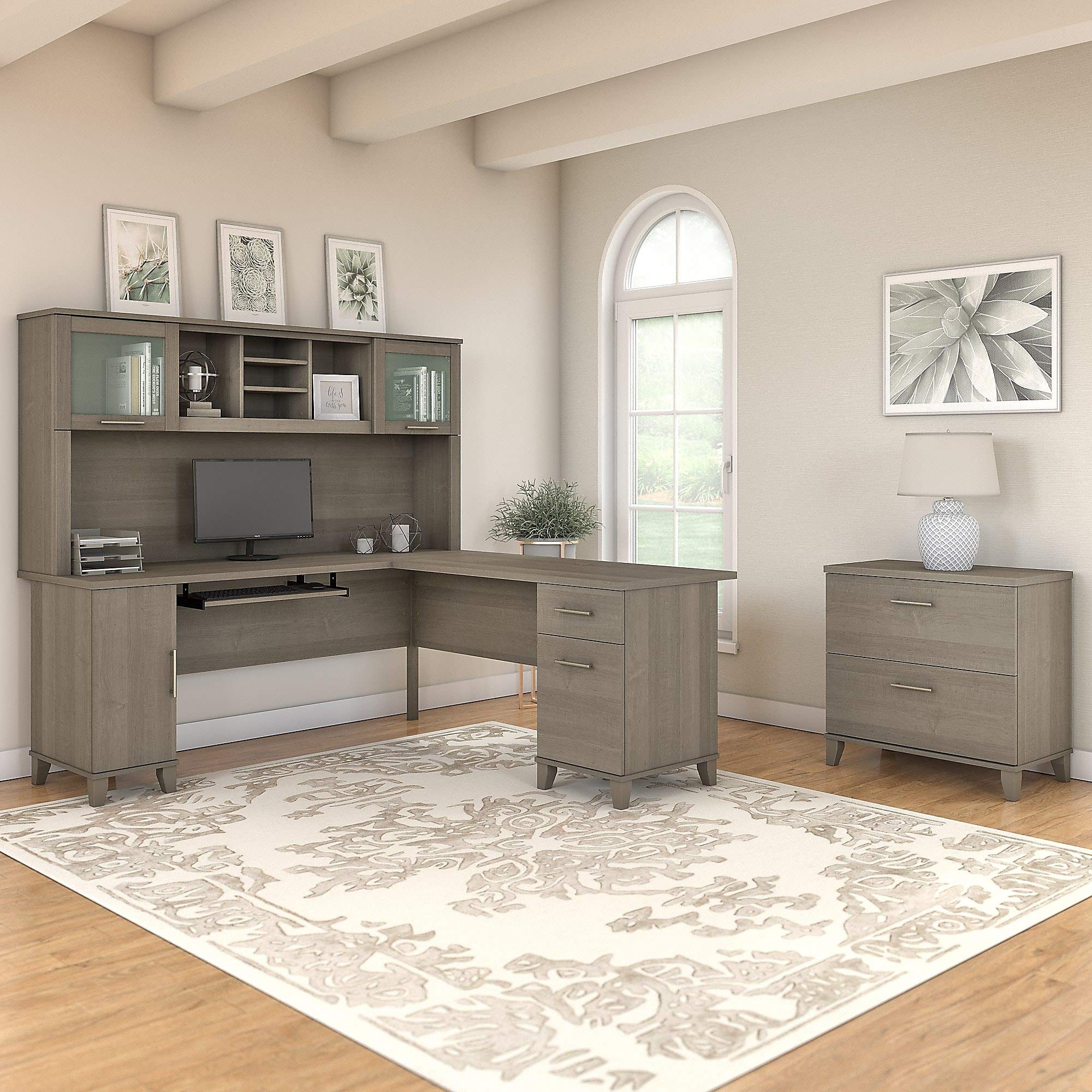 Bush Furniture Somerset L-Shaped Desk with Hutch & Lateral File Cabinet - Home Office Desk for Small Spaces, Work from Home Setup, Study & Writing