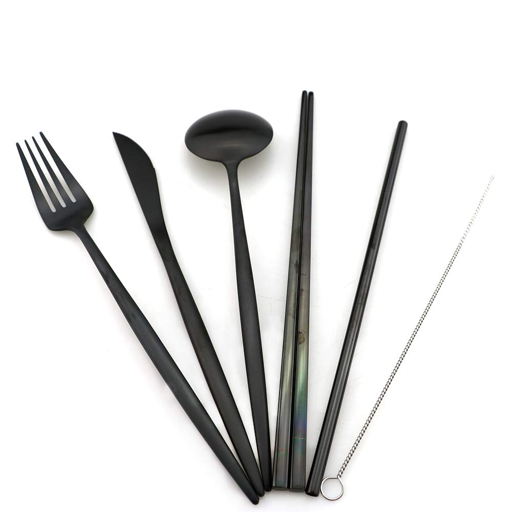 Premium Titanium-Coated 7-Piece Travel Cutlery Set - Durable 18/10 Stainless Steel Camping Flatware with Cotton Pouch - Compact Silverware for Outdoor Adventures, Picnics, Hiking & Work Lunch