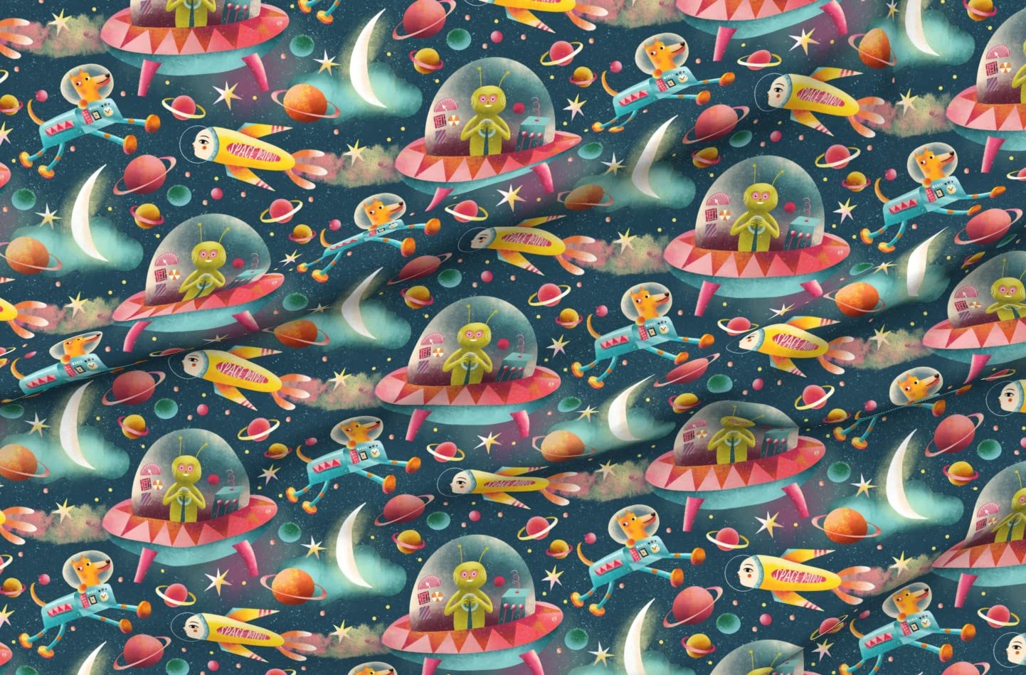 Space-Themed Printed Organic Cotton Sateen Fabric by The Yard - Playful Planets, Robots & Spaceship Design for Sewing, Quilting, Apparel & Home Decor | Perfect for Kids' Bedding, DIY Projects & Space-Themed Decorations