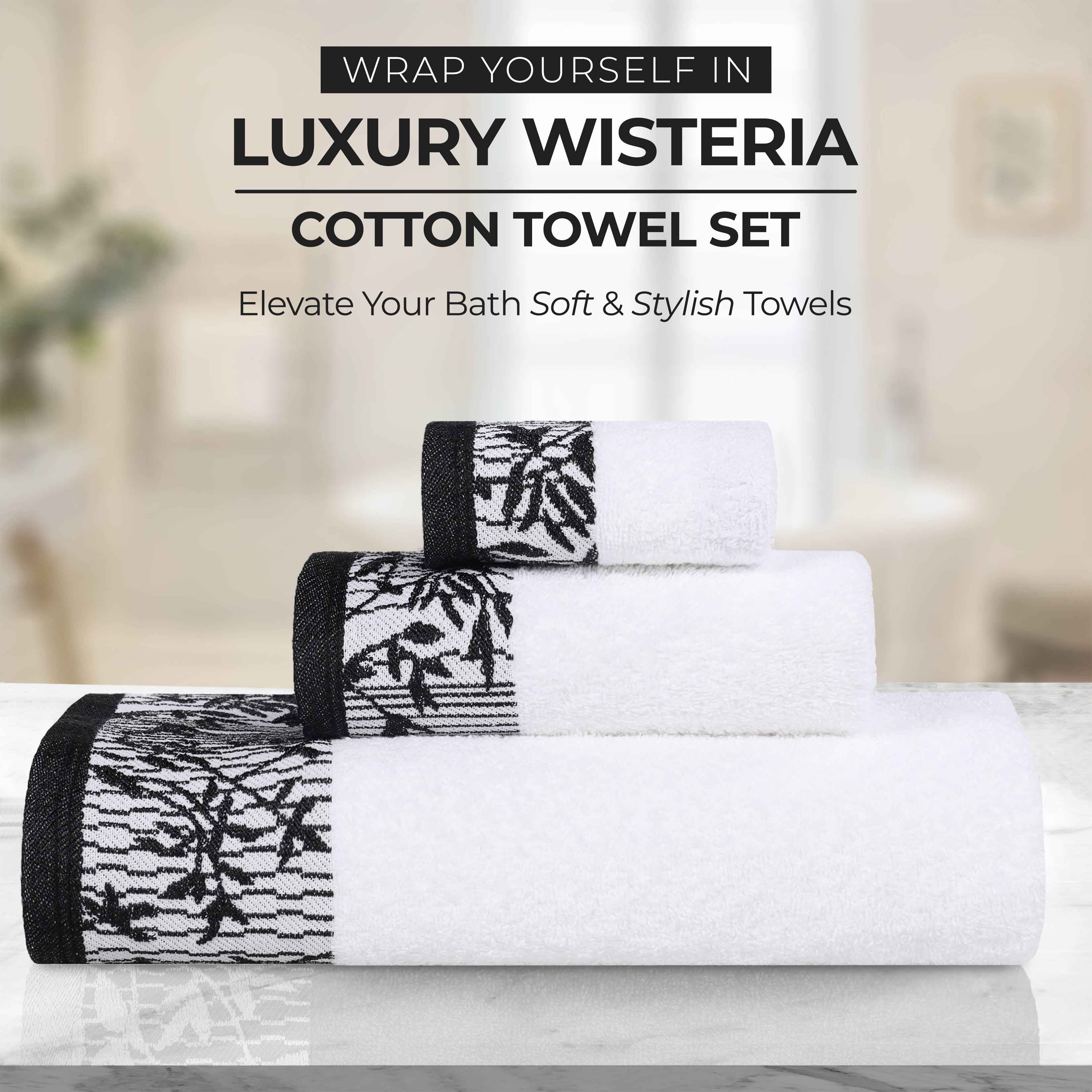 Premium Wisteria Cotton Floral Embroidered Jacquard Border Hand Towels - Set of 4 for Bathroom, Kitchen & Guest Room Decor | Soft & Absorbent Luxury Towel Set