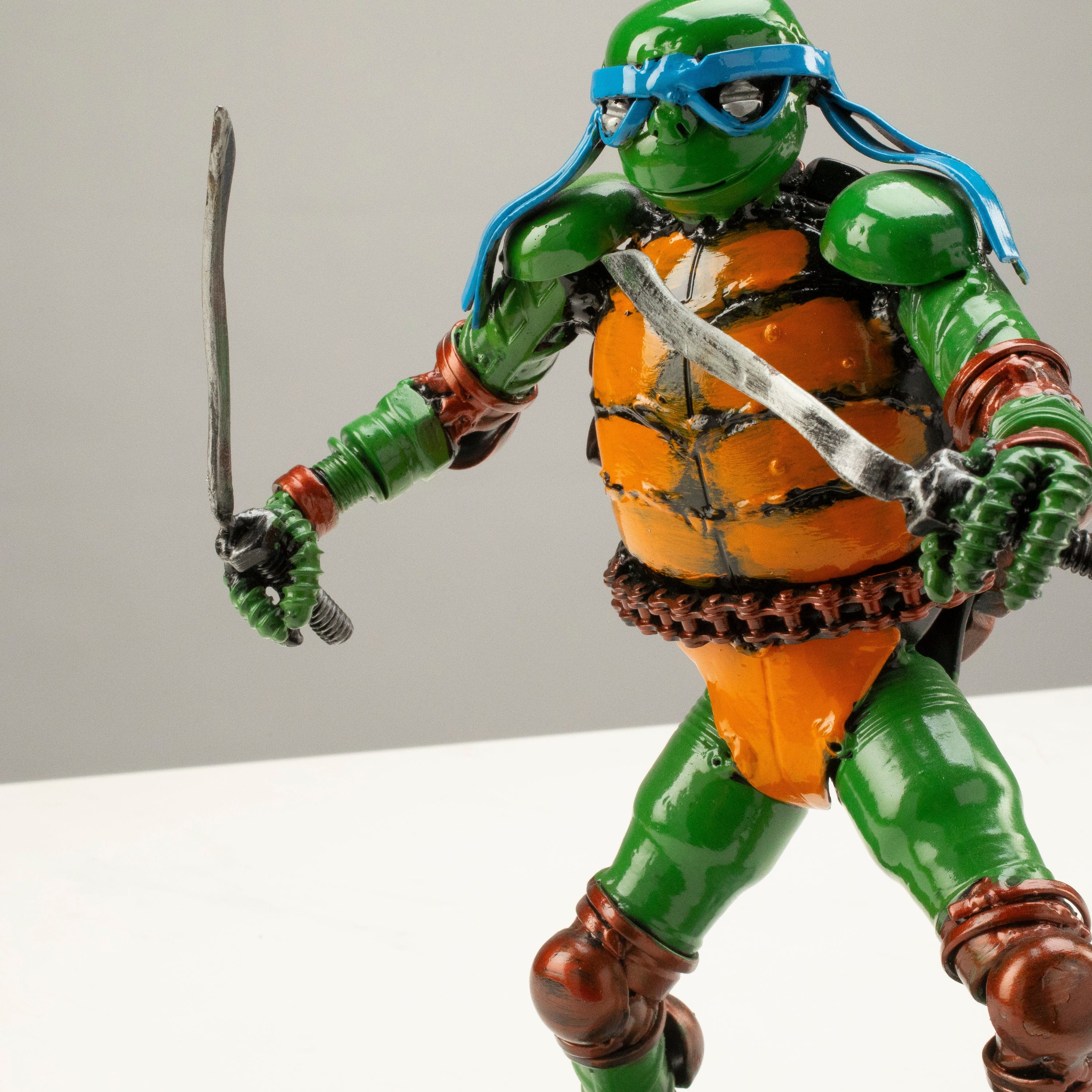 Leonardo Ninja Turtle Inspired 9.5 Inch Recycled Metal Sculpture - Eco-Friendly Home Decor & Collectible Gift for TMNT Fans