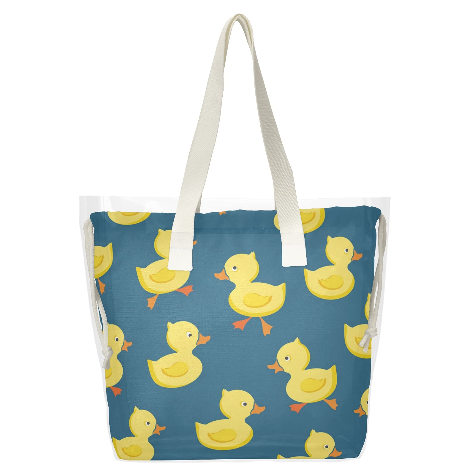 Yellow Cheerful Duck Clear Tote Bags for Women - 2 in 1 Shoulder Bag Transparent Shopping Beach Tote See Through Handbag Canvas Bag - Perfect for Date, Party, Stadium, Concert, Beach Day & Grocery Shopping