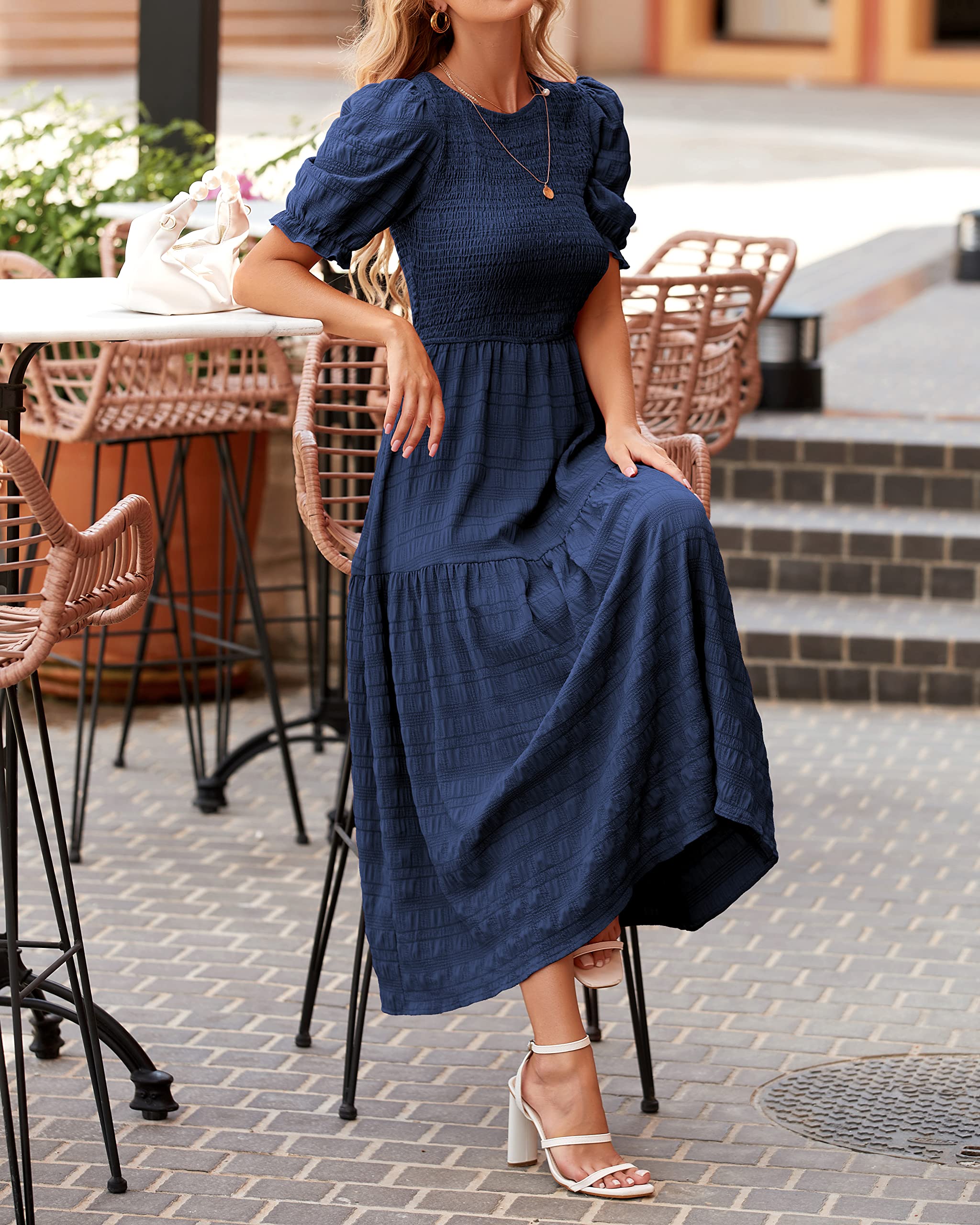 Dowerme Women's Summer Maxi Dress 2025 - Casual Short Sleeve Crewneck Boho Sundress with Smocked Waist & Flowy Ruffle Details | Perfect for Beach Parties, Vacations & Summer Outings