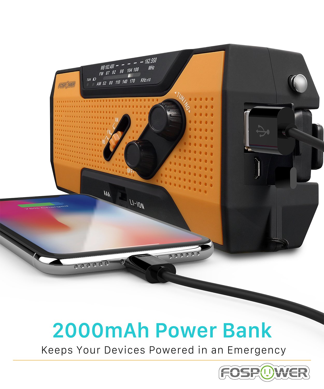FosPower A1 Emergency Weather Radio - NOAA AM FM Portable with 7400mWh Power Bank, USB Solar Hand Crank Charging, Battery Operated, SOS Alarm & Flashlight for Camping Hiking Hurricane Emergency Preparedness