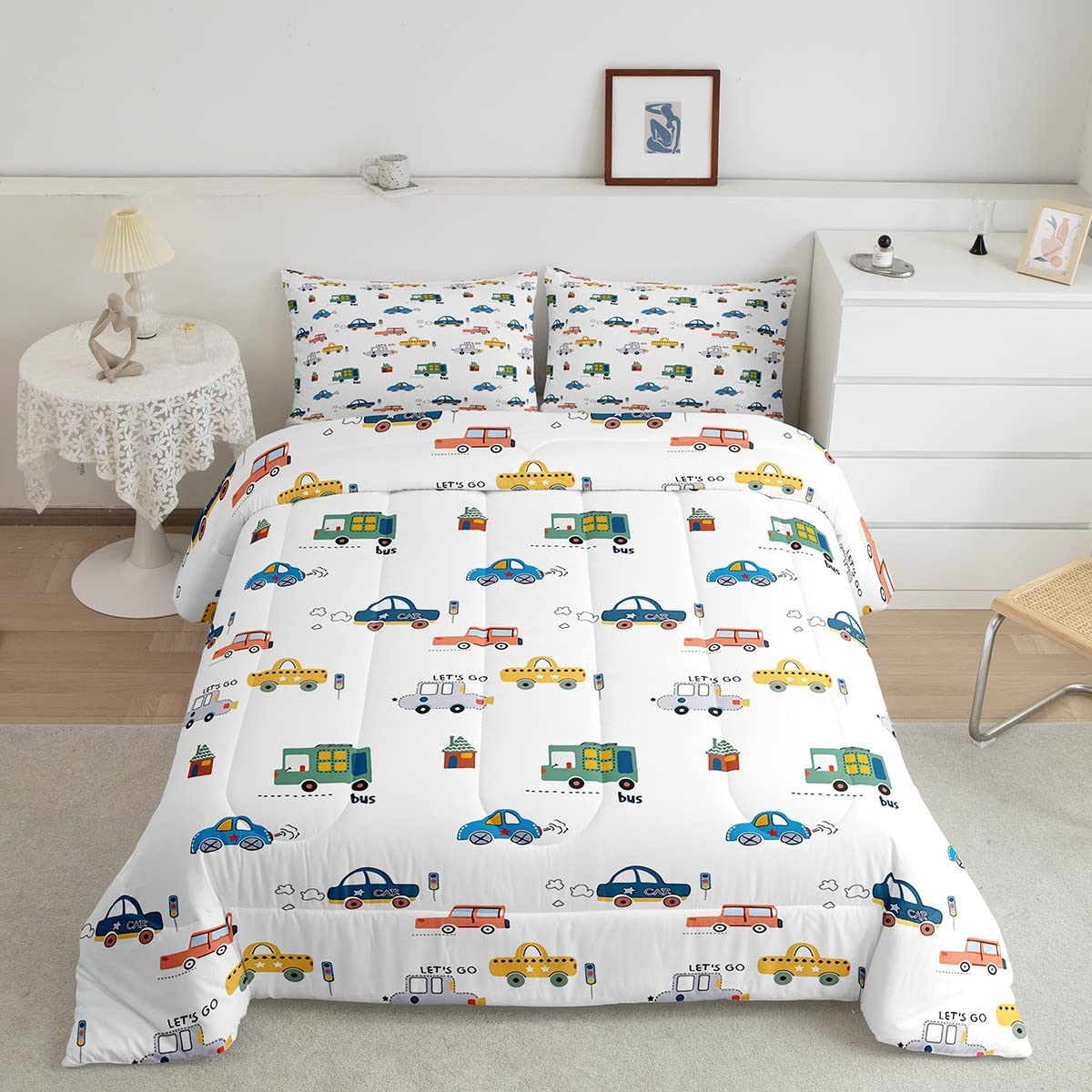 Feelyou Kids Car Comforter Set - Full Size Cartoon Truck Pattern Bedding for Boys & Girls (1 Comforter + 2 Pillowcases) - Perfect for Nursery, Bedroom Decor and Gift Giving