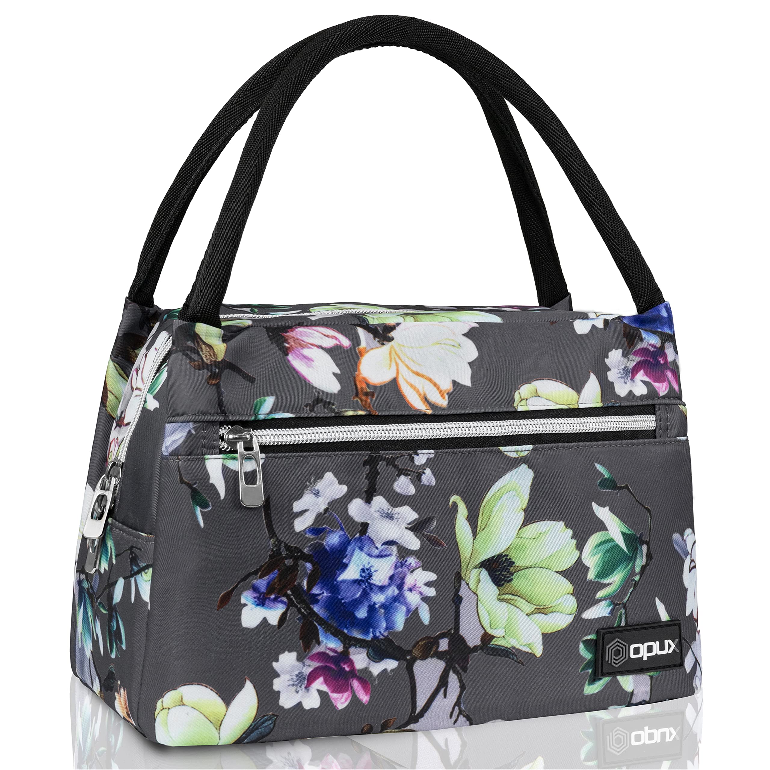 OPUX Insulated Lunch Bag for Women & Girls - Reusable Cooler Tote for Work, School, Travel & Picnic - Small Food Container Holds 11 Cans - Floral Gray Lunch Box | Perfect for Office Meals, Student Lunches & Outdoor Adventures