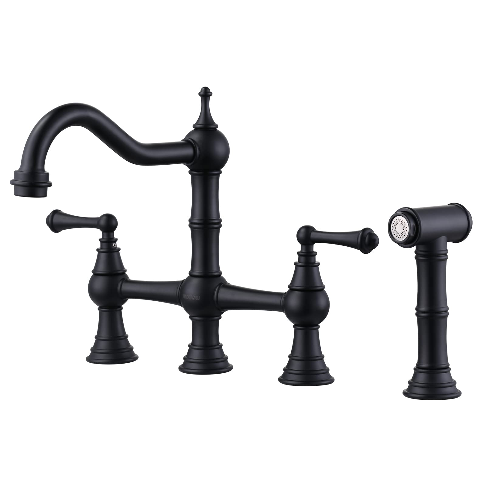 WOWOW Black Kitchen Faucet with Side Sprayer - 4 Hole Brass Sink Faucet, 2 Handle 8 Inch Centerset Bridge Design - Vintage Farmhouse Copper Finish for Modern & Rustic Kitchens - Perfect for Cooking, Washing Dishes & Food Prep