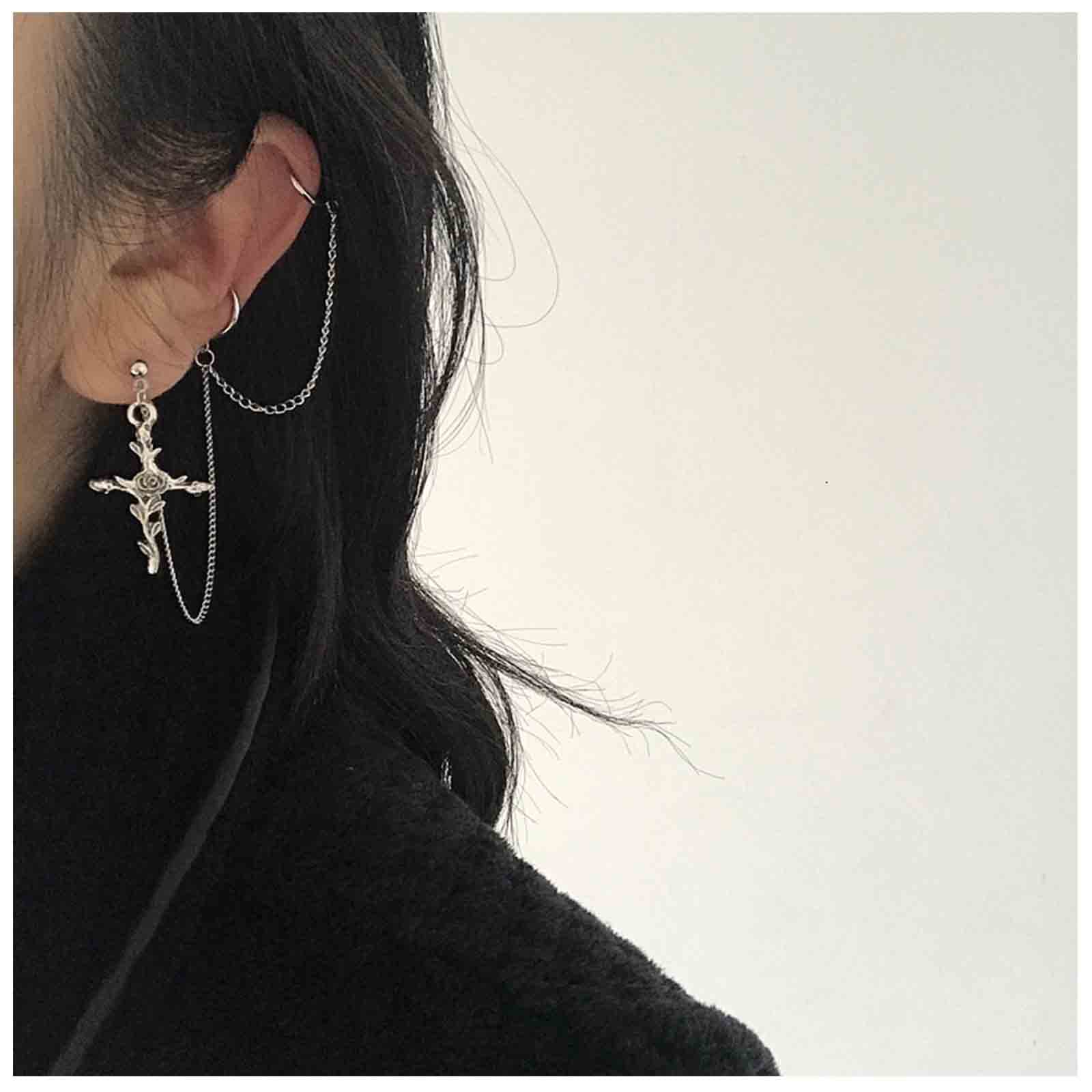 Silver Cross Dangle Chain Earrings for Women - Long Crucifix Drop Earrings with Cuff Wrap Design | Religious Jewelry Gift for Church, Weddings & Everyday Wear
