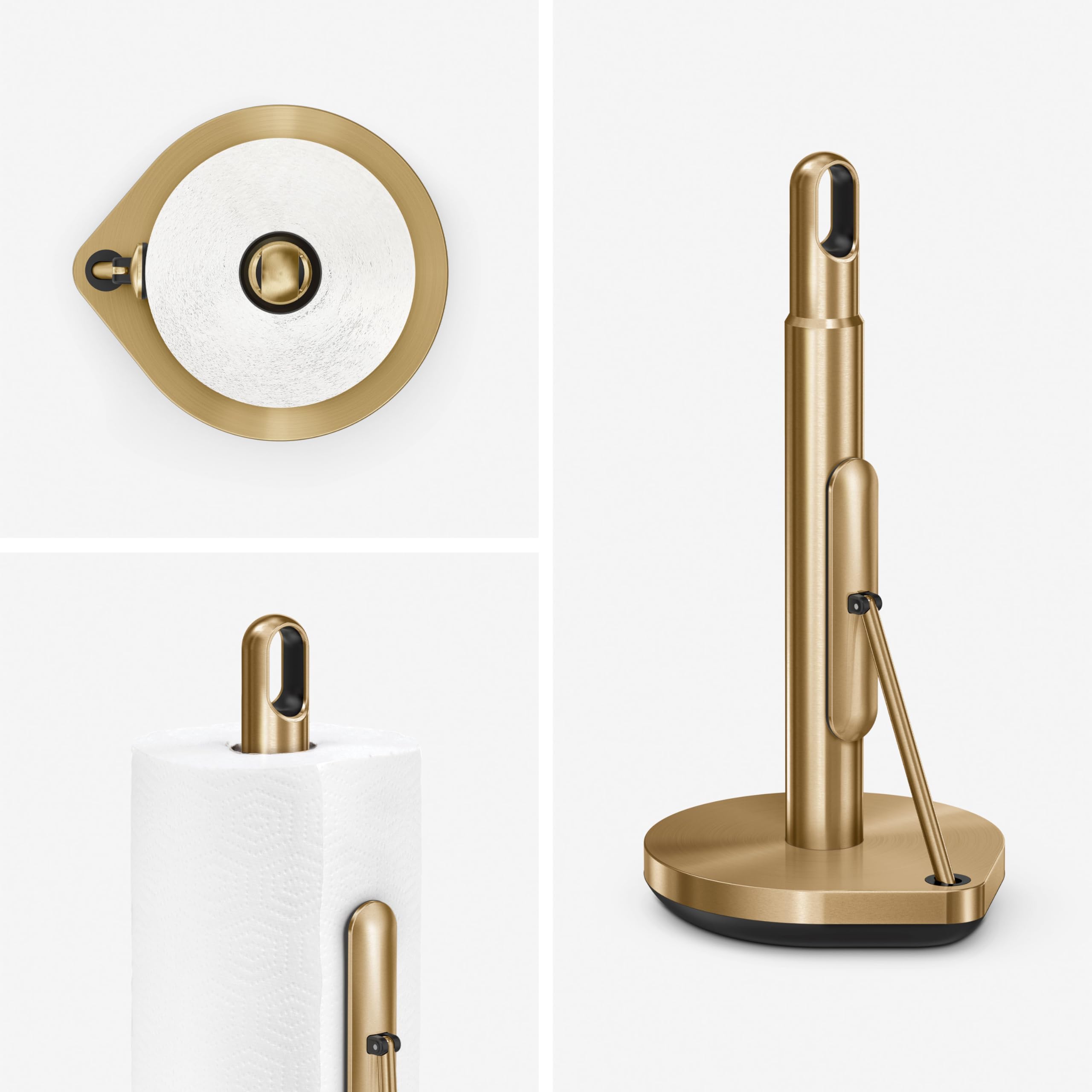 simplehuman Tension Arm Standing Paper Towel Holder - Heavy-Duty Stainless Steel Kitchen Dispenser with One-Handed Tear | Countertop & Office Use | Brass Finish for Modern Homes