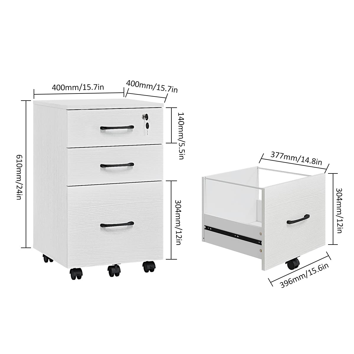 Panana 3-Drawer Rolling File Cabinet - White Wooden Mobile Storage Organizer for Home Office | Under Desk File Cabinet with Smooth Wheels | Perfect for Documents, Office Supplies & Craft Storage