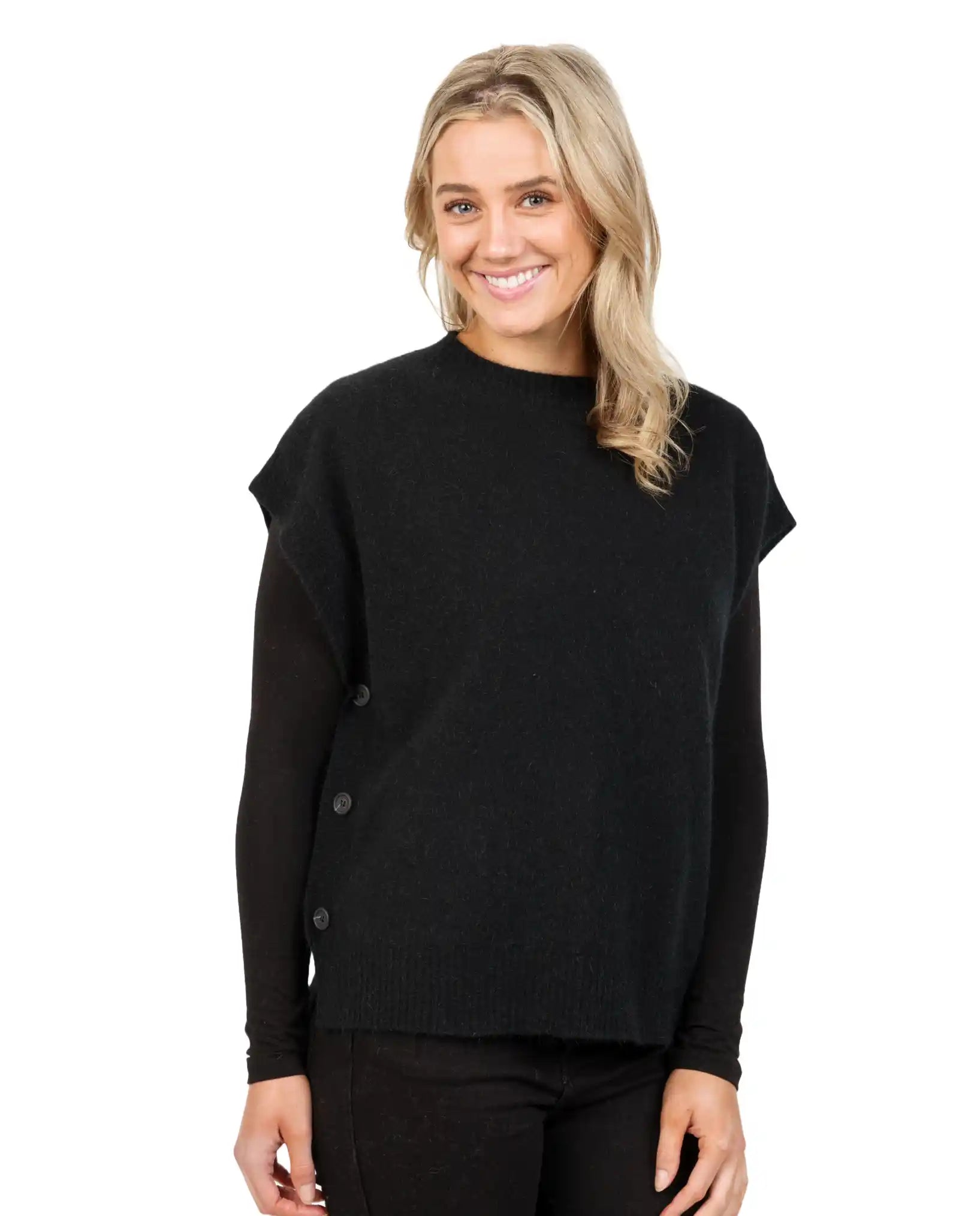 Stylish Black Women's Button Vest in Premium Possum Merino Wool - NB887 - Perfect for Office Wear, Casual Outfits & Winter Layering