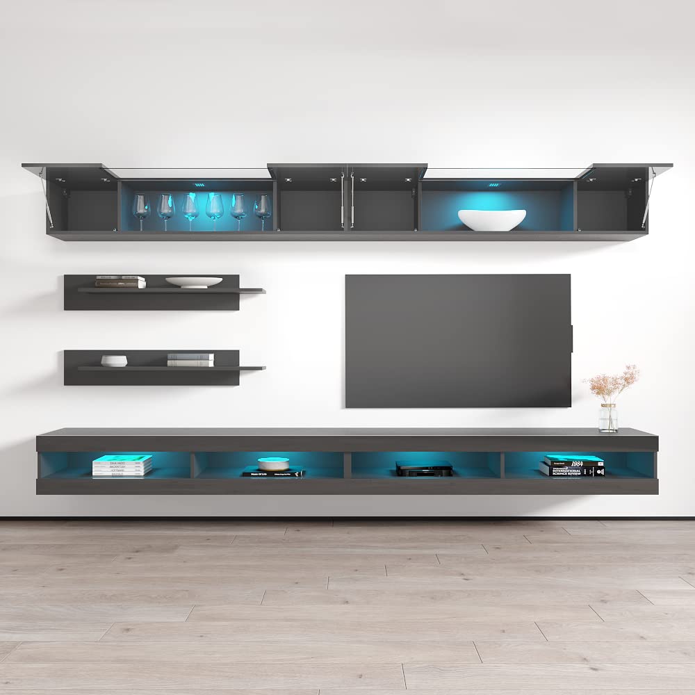 Modern Gray Wall-Mounted TV Stand with Storage Shelves & LED Lights - Floating Entertainment Center Console for Living Room & Bedroom - Perfect for Small Spaces & Home Theater Setup - Meble Furniture Fly I3 34