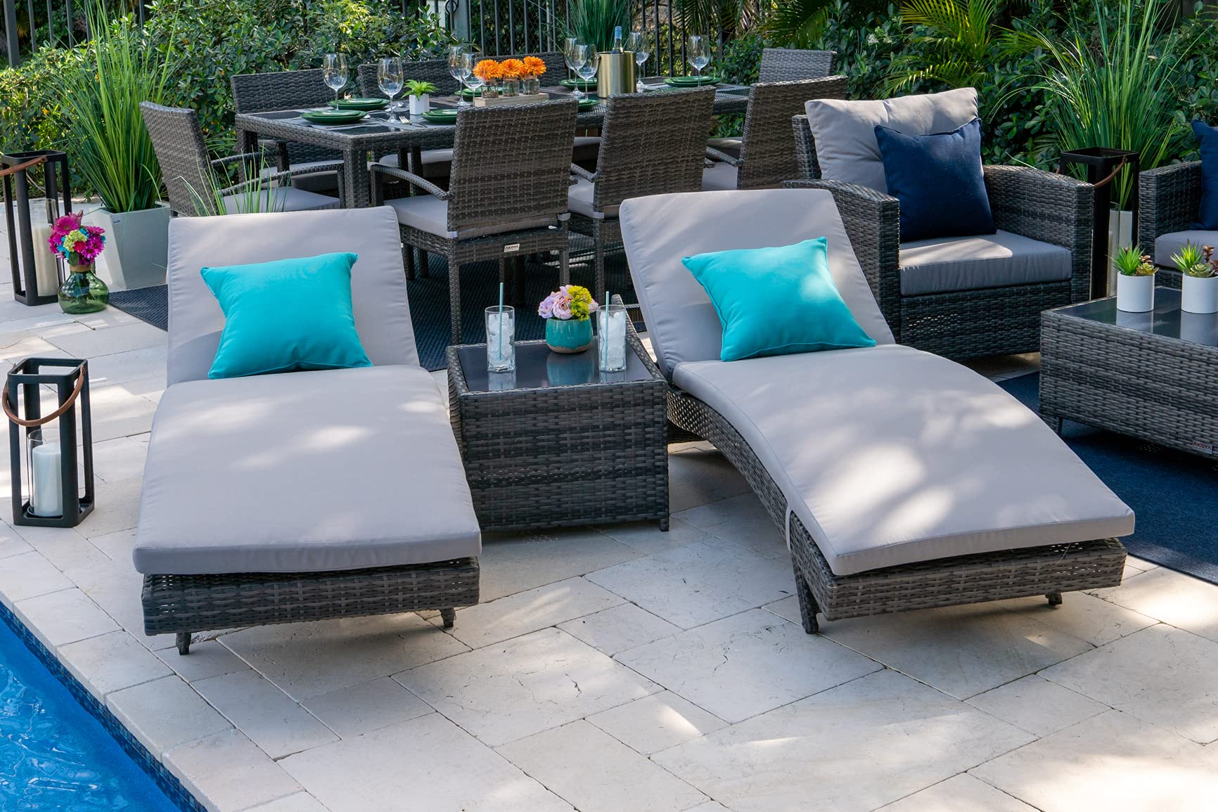 Bari 14-Piece Resin Wicker Outdoor Patio Furniture Set in Mixed Gray - Loveseat, 6-Seat Dining Table & Chaise Lounge | Durable All-Weather Wicker for Backyard, Poolside & Garden Relaxation