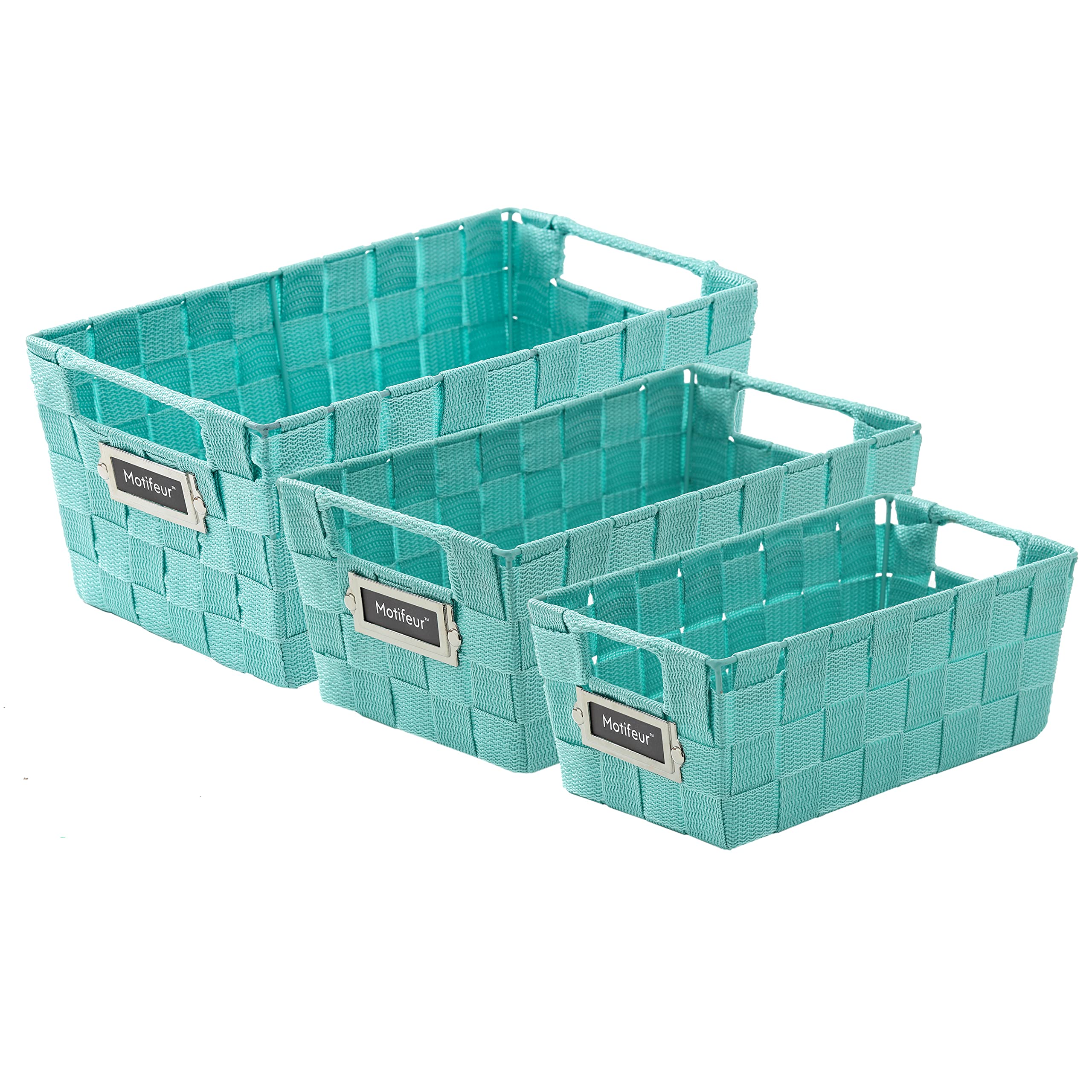 Decorative Woven Storage Baskets Set of 3 - Handmade Nesting Bins with Cutout Handles & Labels for Bathroom Countertop, Shelves, Closet & Pantry Organization | Perfect for Home Decor, Laundry Room & Bedroom Storage (Green)