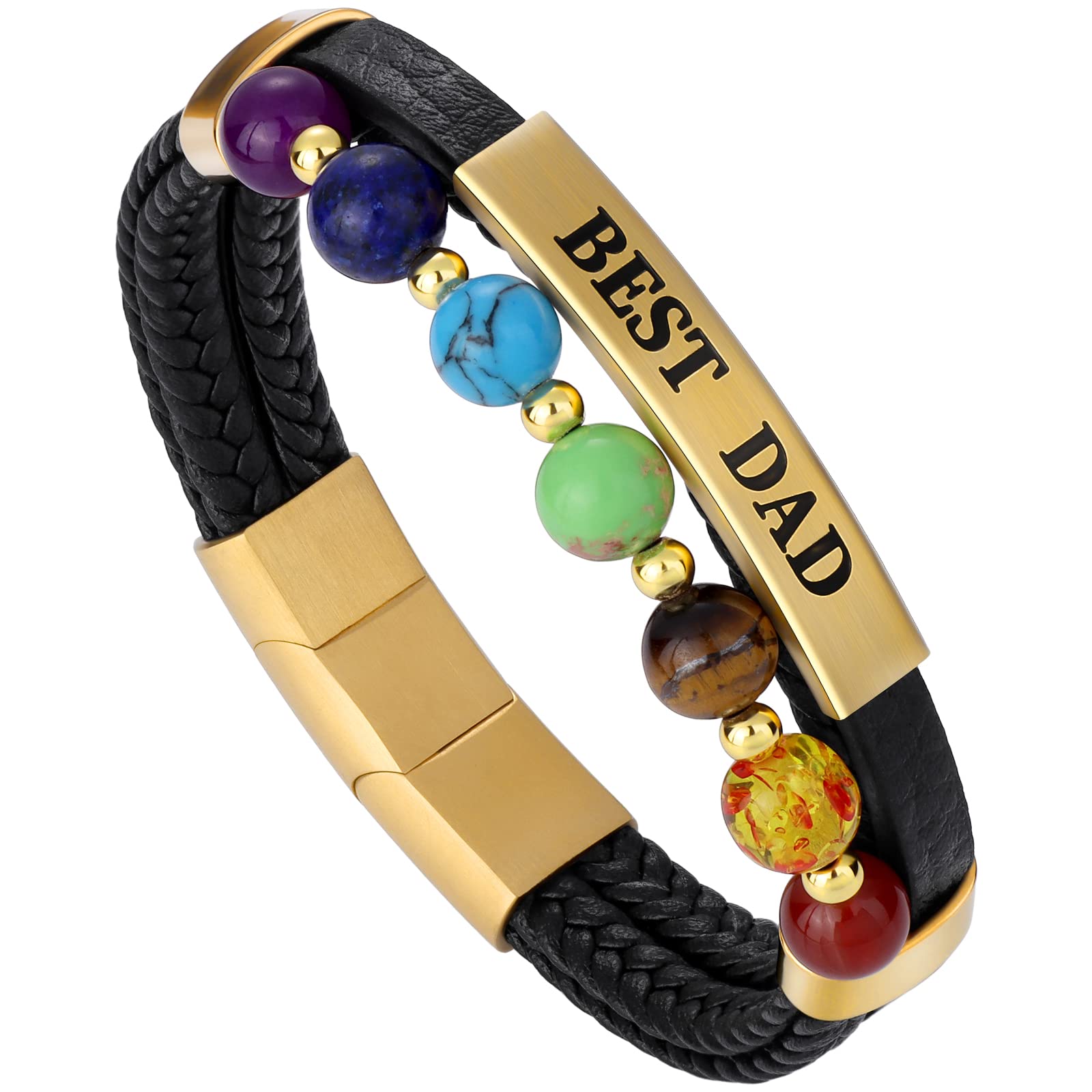 HAWSON Adjustable Leather Beads Bracelet for Men - Gold & Silver Chakra Bracelet with Gift Box - Spiritual Jewelry for Yoga, Meditation & Everyday Wear - Perfect Personalized Gift for Dad, Husband & Boyfriend