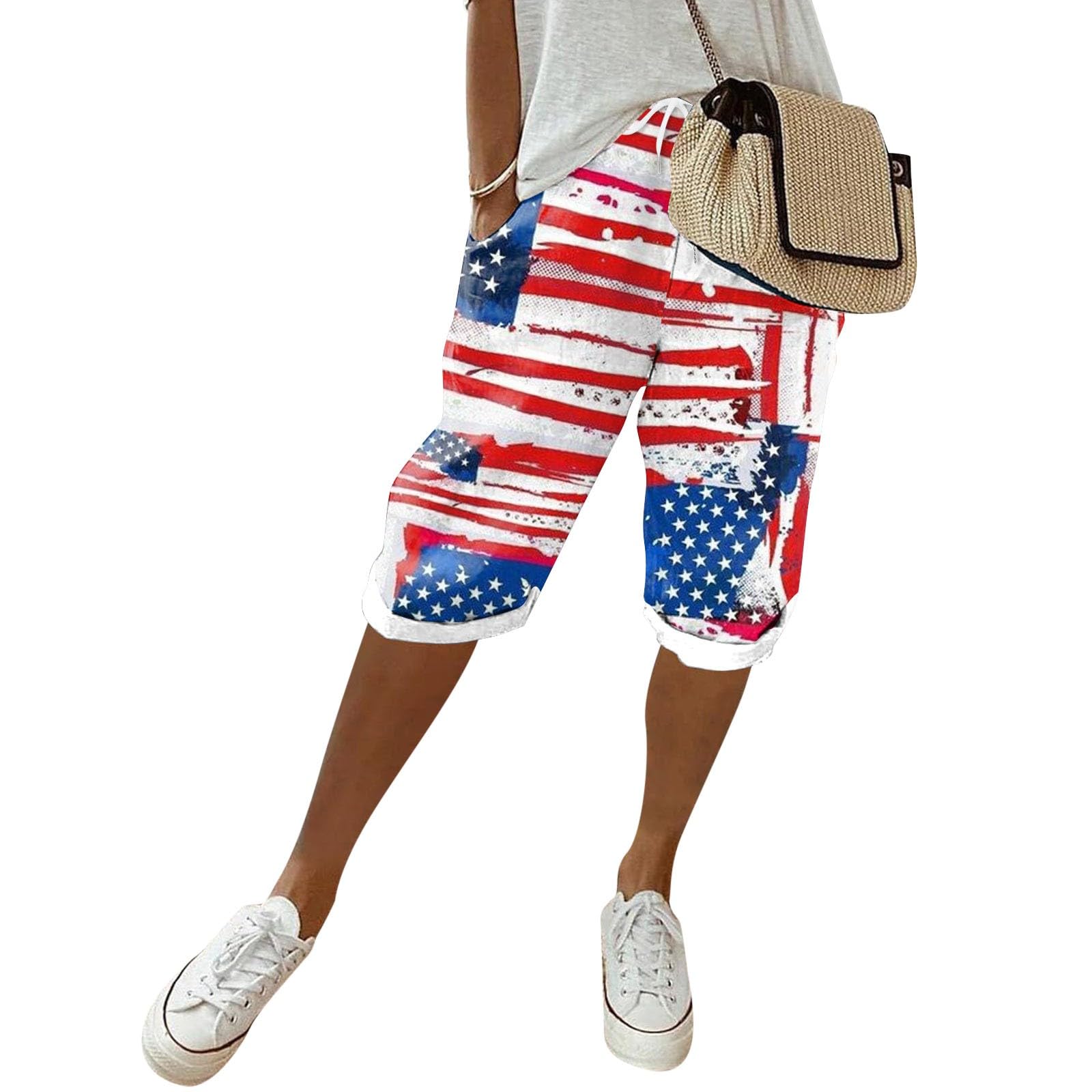 Women's Linen Bermuda Shorts - Stars Stripe Flag Print for 4th of July & Summer Outings