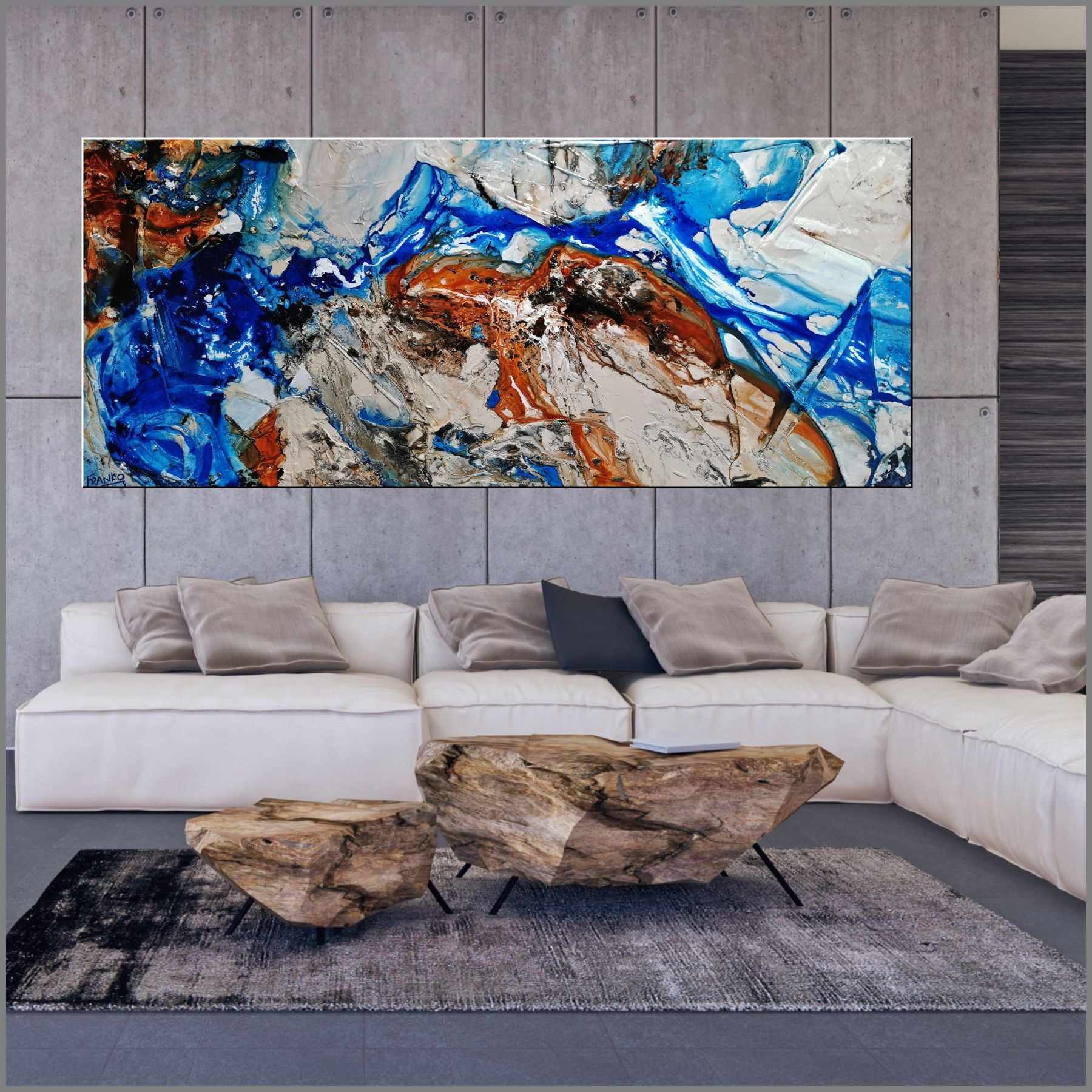 240cm x 100cm Blue Cream Textured Abstract Canvas Art Painting - Modern Wall Decor for Living Room, Bedroom & Office | Large Contemporary Artwork