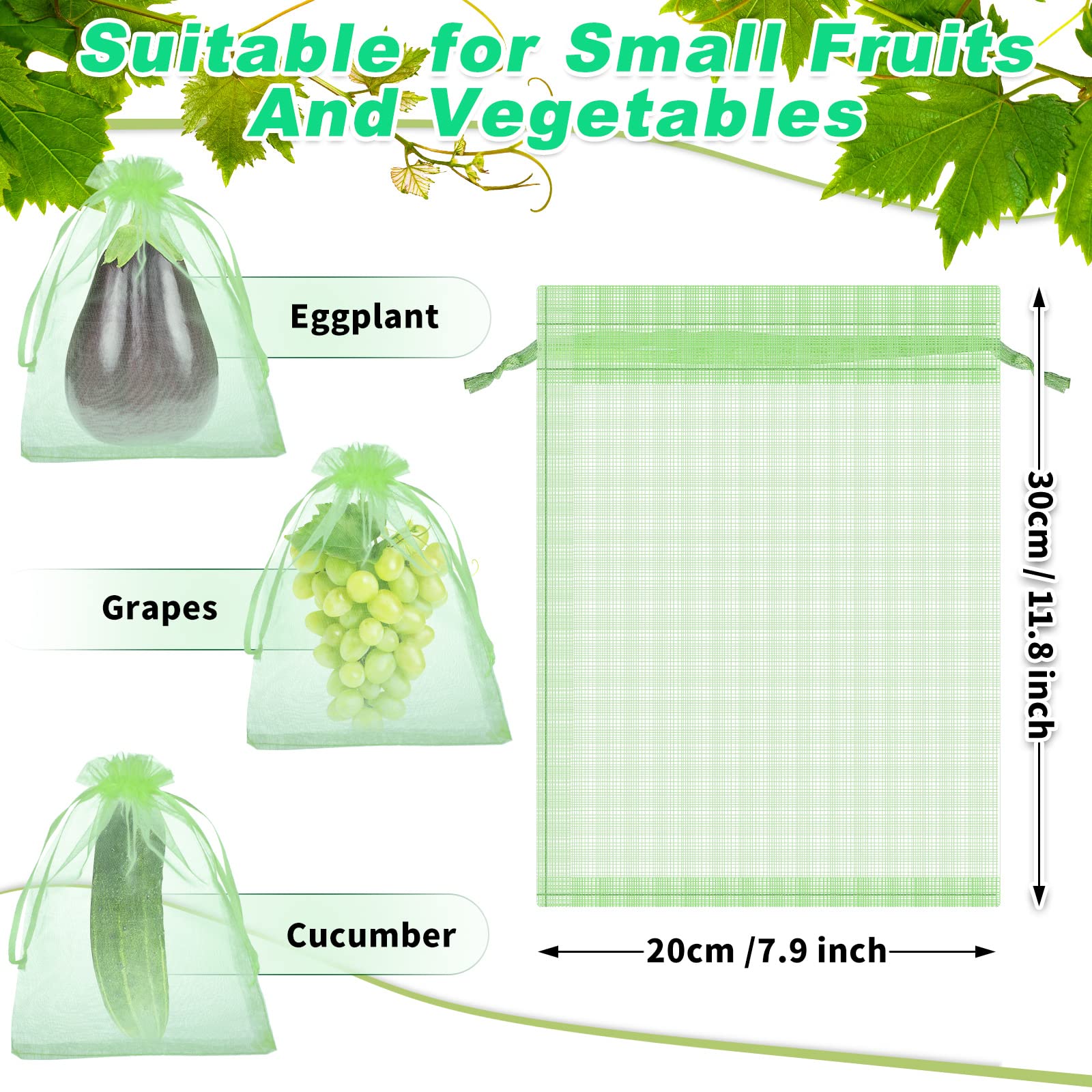 200 Pcs Fruit Protection Bags with Drawstring - 8x12 Inch Green Mesh Netting Bags for Apple, Peach & Vegetable Garden Protection - Perfect for Pest Control & Organic Gardening