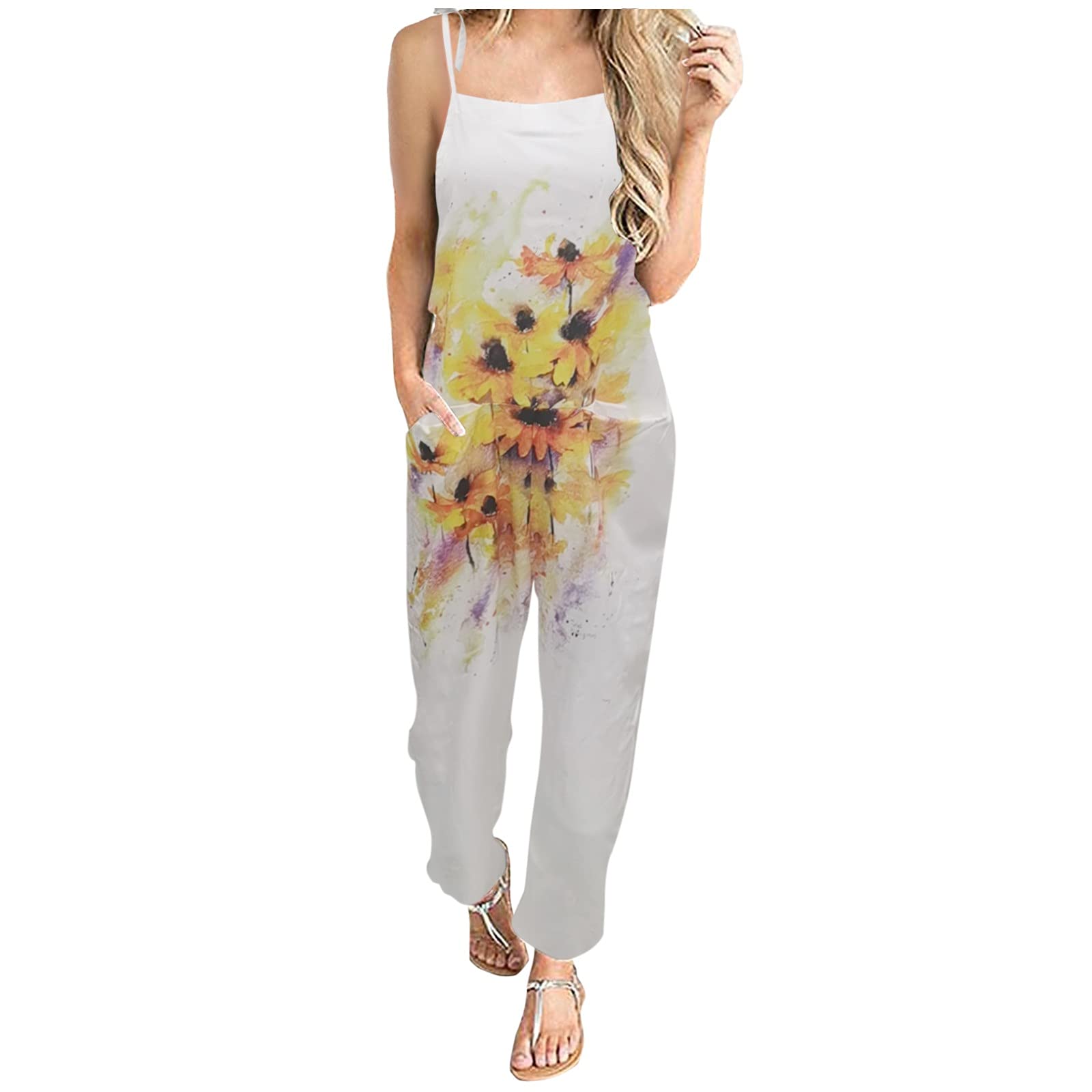 BEIEBIA Women's Floral Print V-Neck Maxi Dress with Adjustable Spaghetti Straps & Pockets - Boho Chic Beach Dress for Summer Vacation, Date Night and Casual Outings