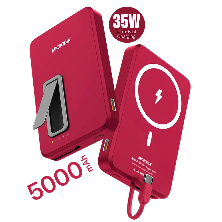 MICRODIA SNAPPower™ MagGo 35W 5000mAh Magnetic Wireless Power Bank - 15W Wireless & 20W USB-C PD Fast Charging with Built-in Cable & Kickstand - Perfect for iPhone, Android, Travel & On-the-Go Charging