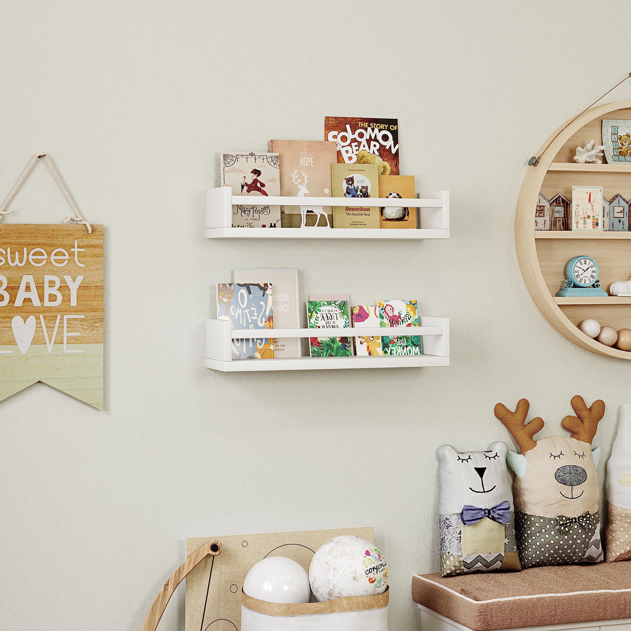4-Piece White Floating Wall-Mounted Kids Bookshelf Set - Durable Wood Nursery Book Shelves for Baby Room Decor, Toy Storage & Organization - Perfect for Bedrooms, Playrooms and Daycare Centers