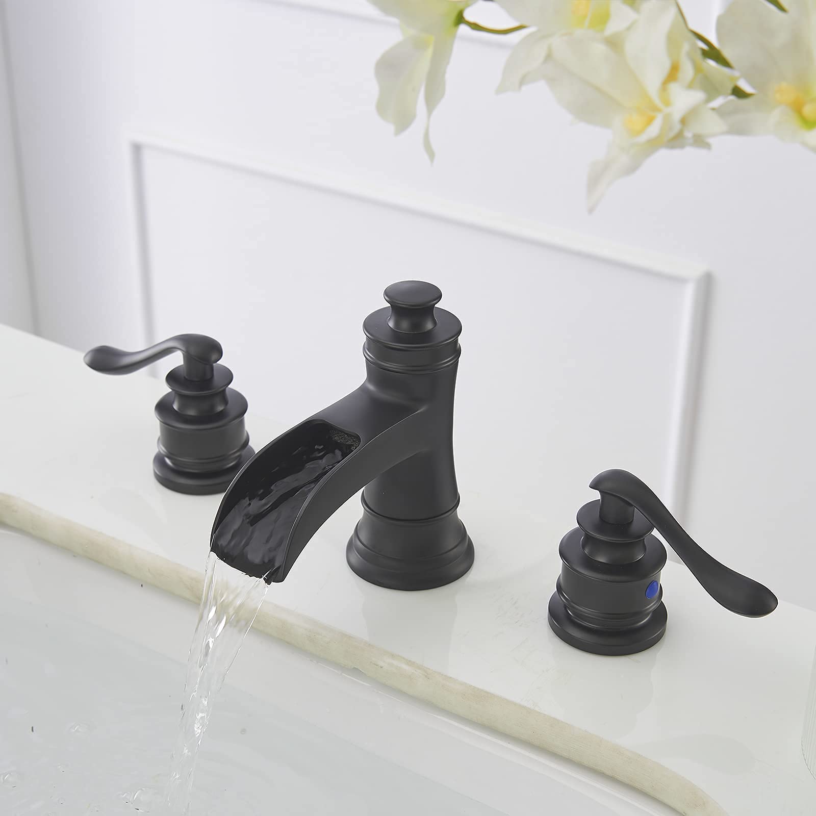 Black Widespread Bathroom Sink Faucet - Waterfall Spout 3 Hole & Black Kitchen Faucet with Pull Down Sprayer - 3 Spray Modes - Perfect for Modern Home, Bathroom and Kitchen Renovation