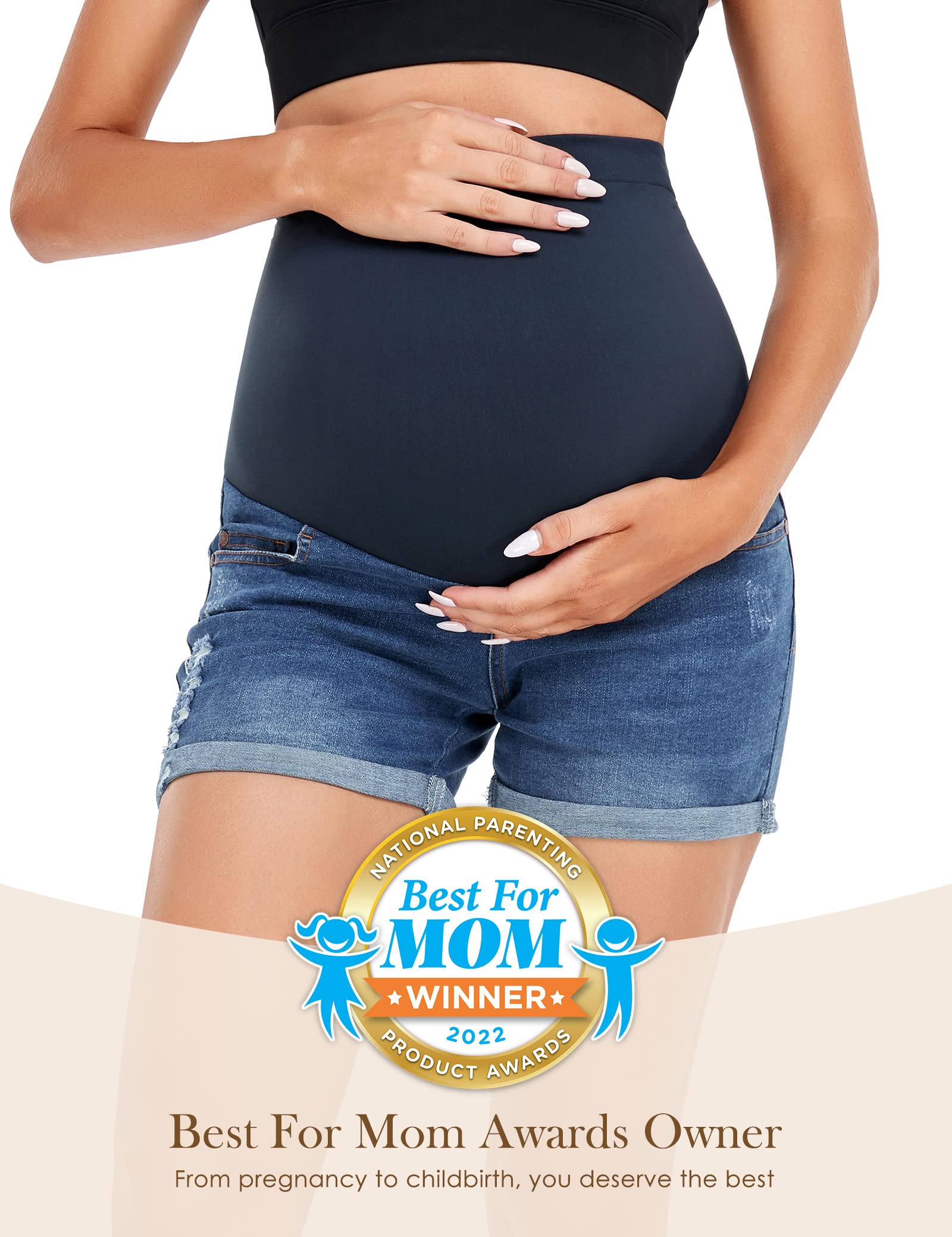 HOFISH Women's Maternity Denim Shorts - Over The Belly Stretchy Comfy Jean Shorts for Pregnancy - Casual & Workout Maternity Wear - Perfect for Summer, Travel & Everyday Comfort