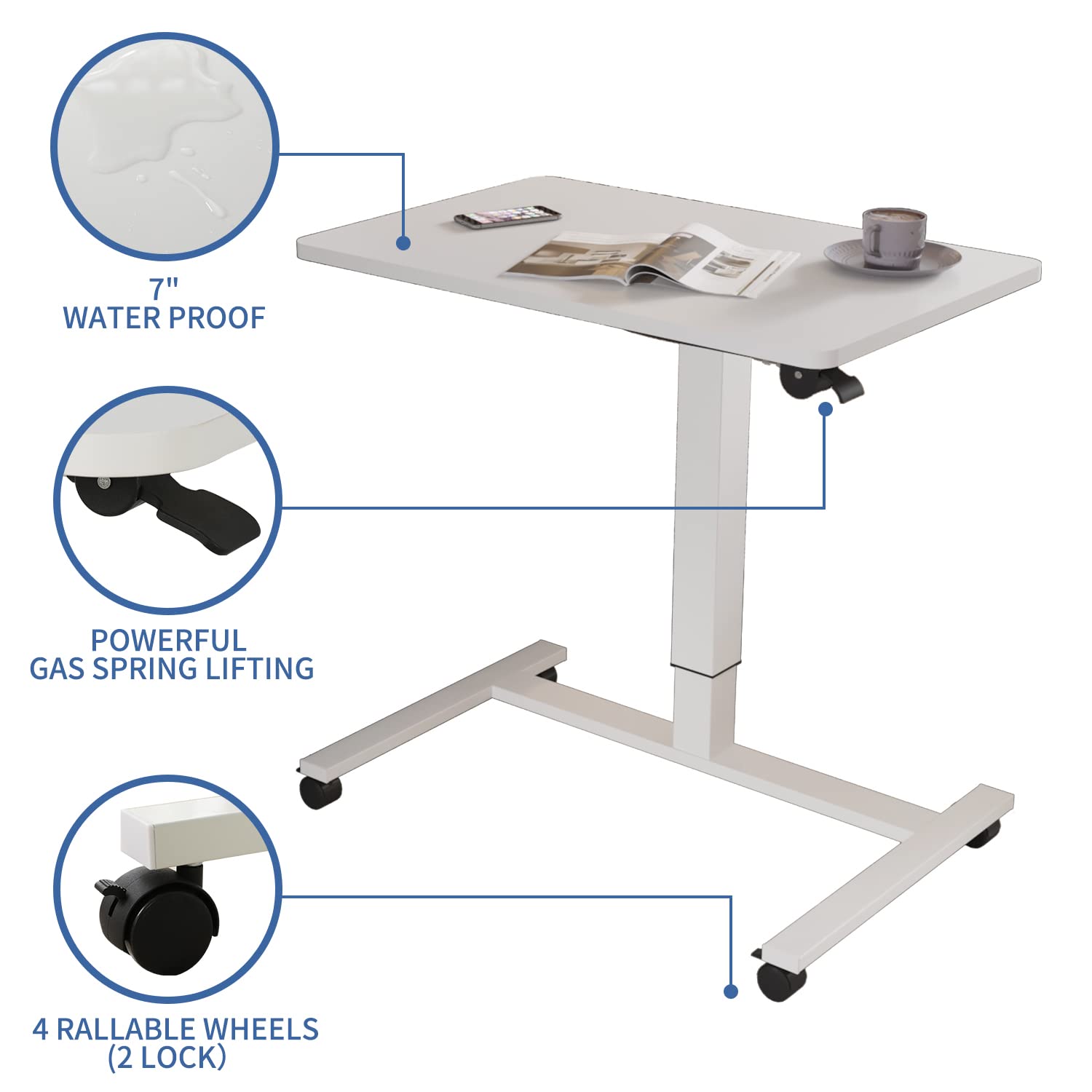 Bilbil Pneumatic Mobile Desk - Gas-Spring Height Adjustable Sit to Stand Workstation with Lockable Wheels | Overbed Laptop Table & Rolling Computer Cart | Portable Work Table for Home Office, Gaming & Study | Perfect for Small Spaces, Bedroom Workspace & Remote Work