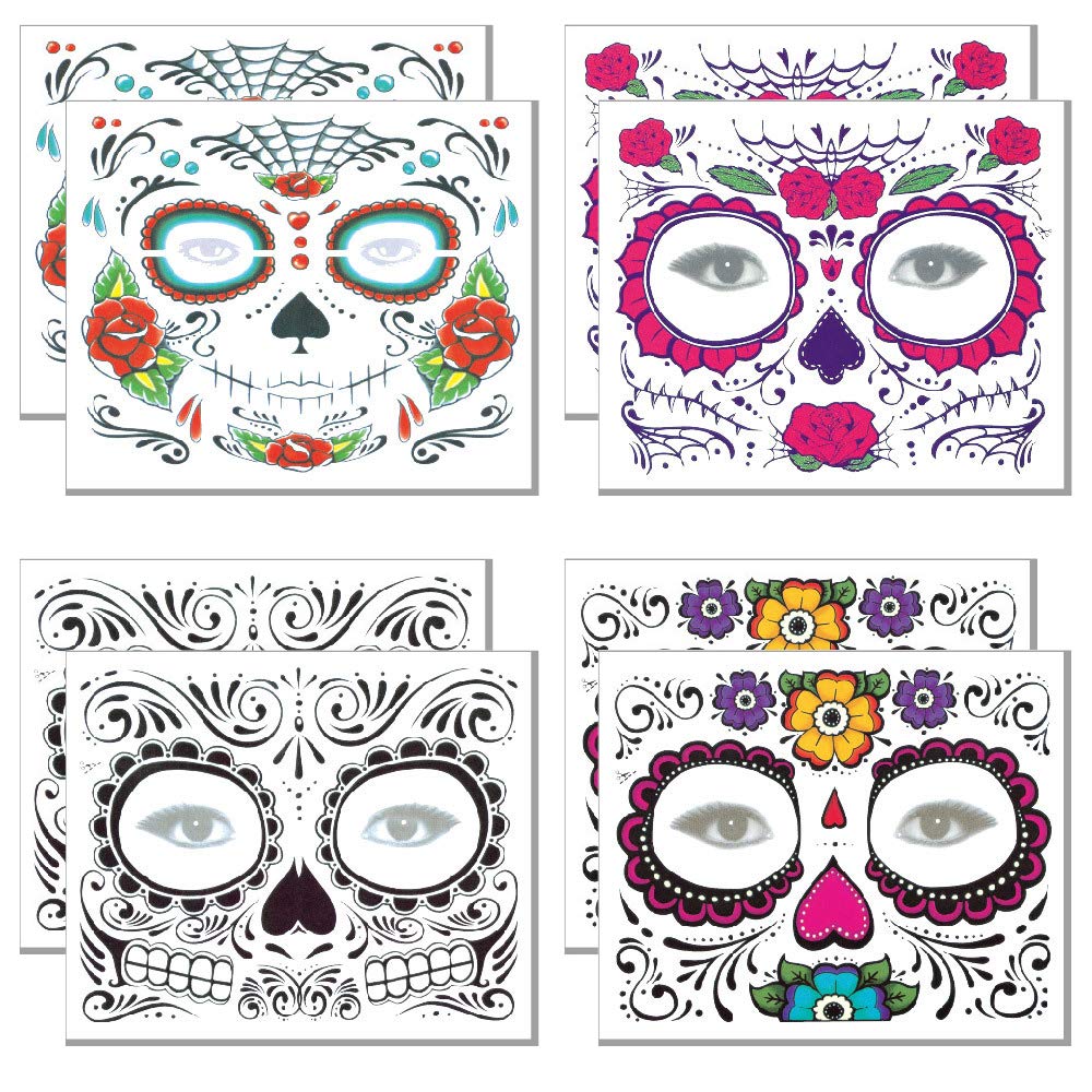 8 Pack Day of the Dead Temporary Tattoos - Sugar Skull Face Tattoos with Floral, Glitter Roses & Skeleton Designs for Halloween, Masquerade Parties & Dia de los Muertos Celebrations - Perfect for Costumes, Face Painting & Festival Decorations