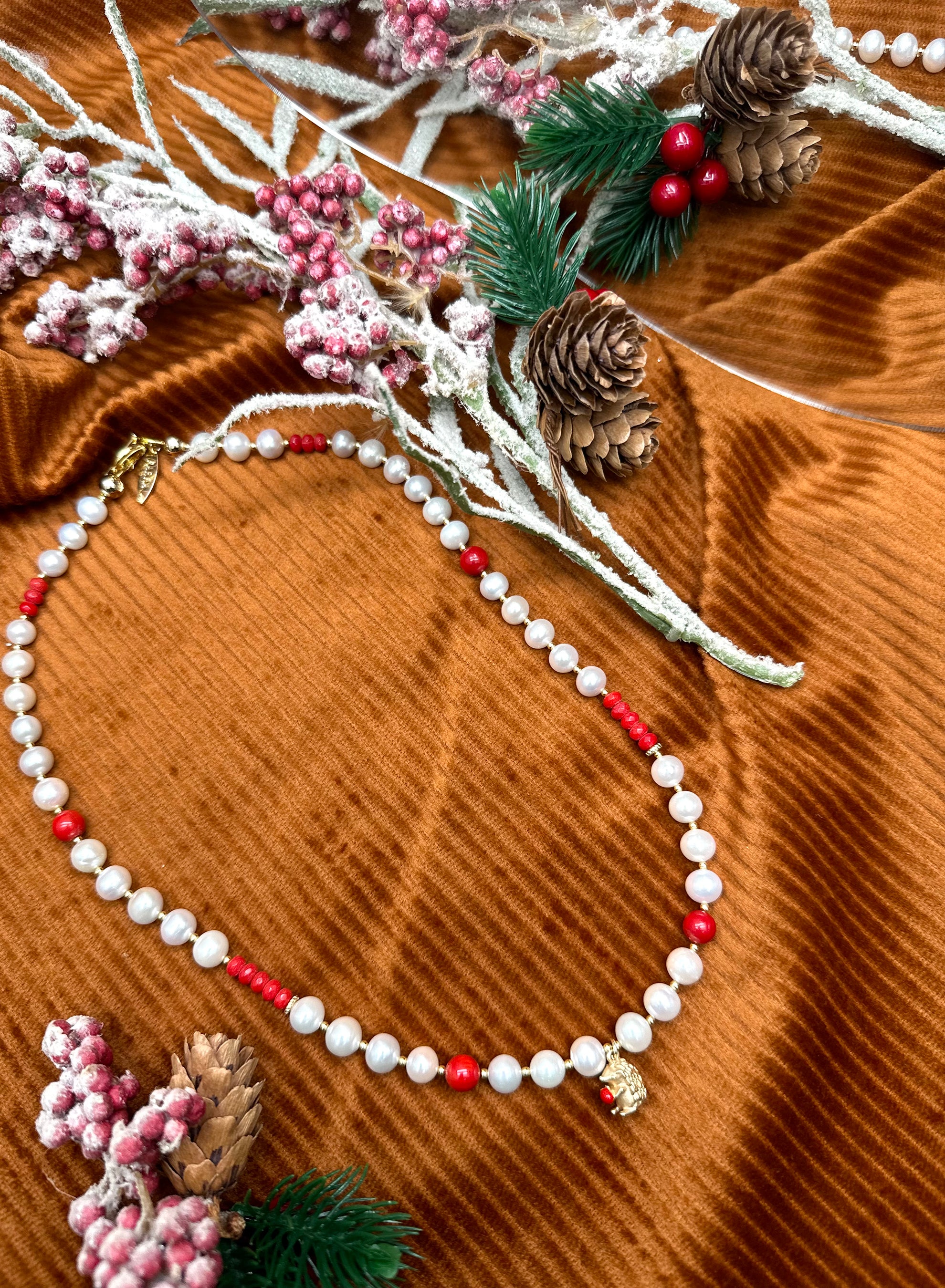 Freshwater Pearl & Red Bamboo Coral Hedgehog Charm Short Necklace KN050 - Elegant Gift for Women, Perfect for Parties & Special Occasions