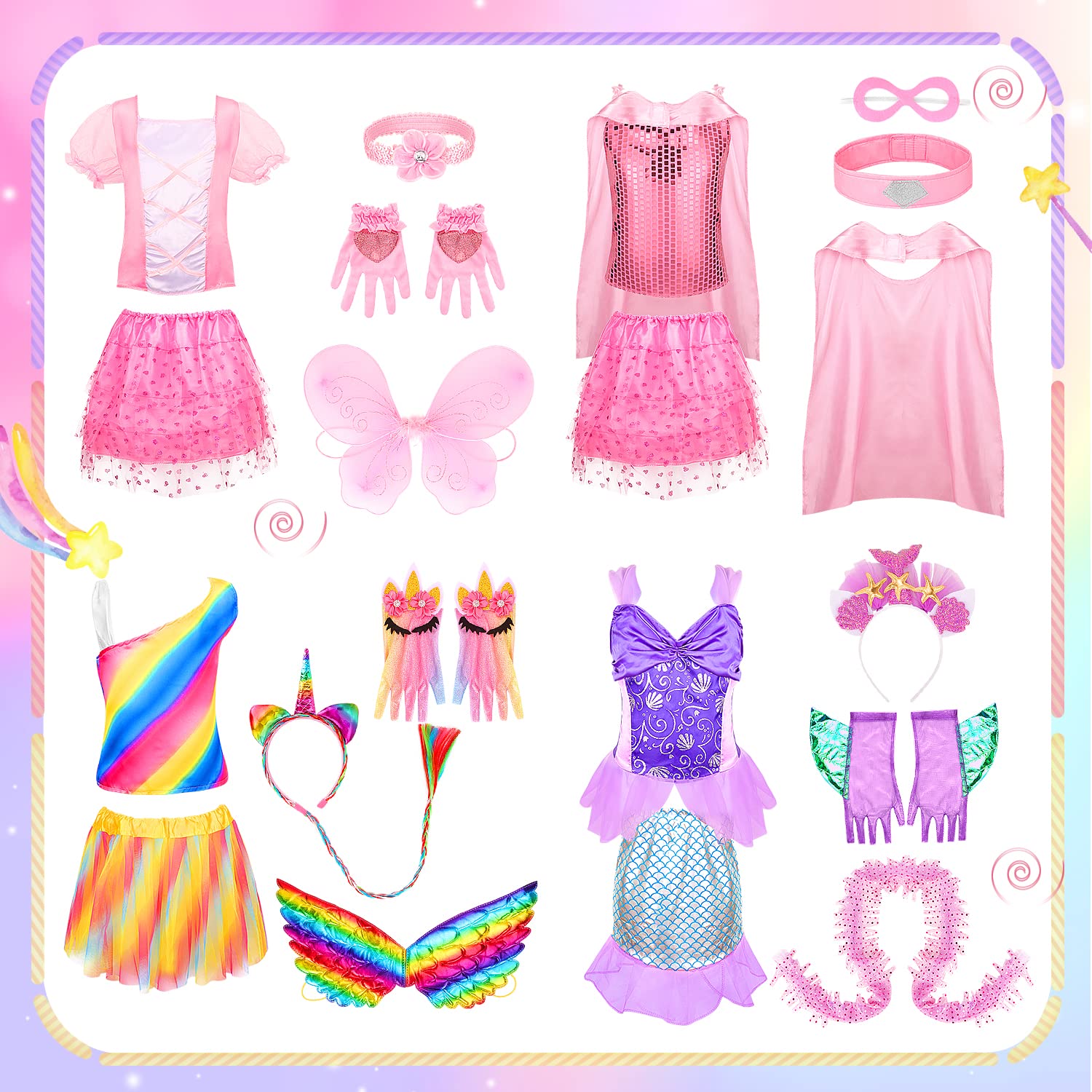 23 Pcs Princess Dress Up Costume Set for Girls - Unicorn, Mermaid & Fairy Costumes for Ages 3-6 | Birthday & Christmas Gift | Pretend Play, Dress Up Party & Role Play Costumes for Kids