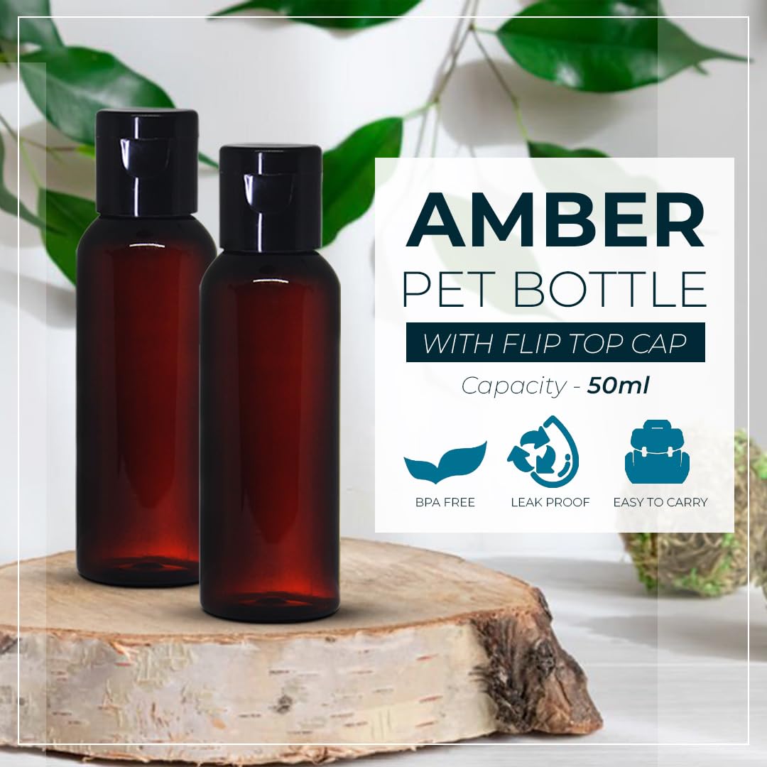 NSB Herbals 50ml Empty Amber Plastic Bottles - 6 Pack Refillable Travel Size Cosmetic Containers with Leak-Proof Flip Cap for Toiletries, Shampoo, Lotion & Cream - Perfect for DIY Skincare, Essential Oils & Travel Accessories