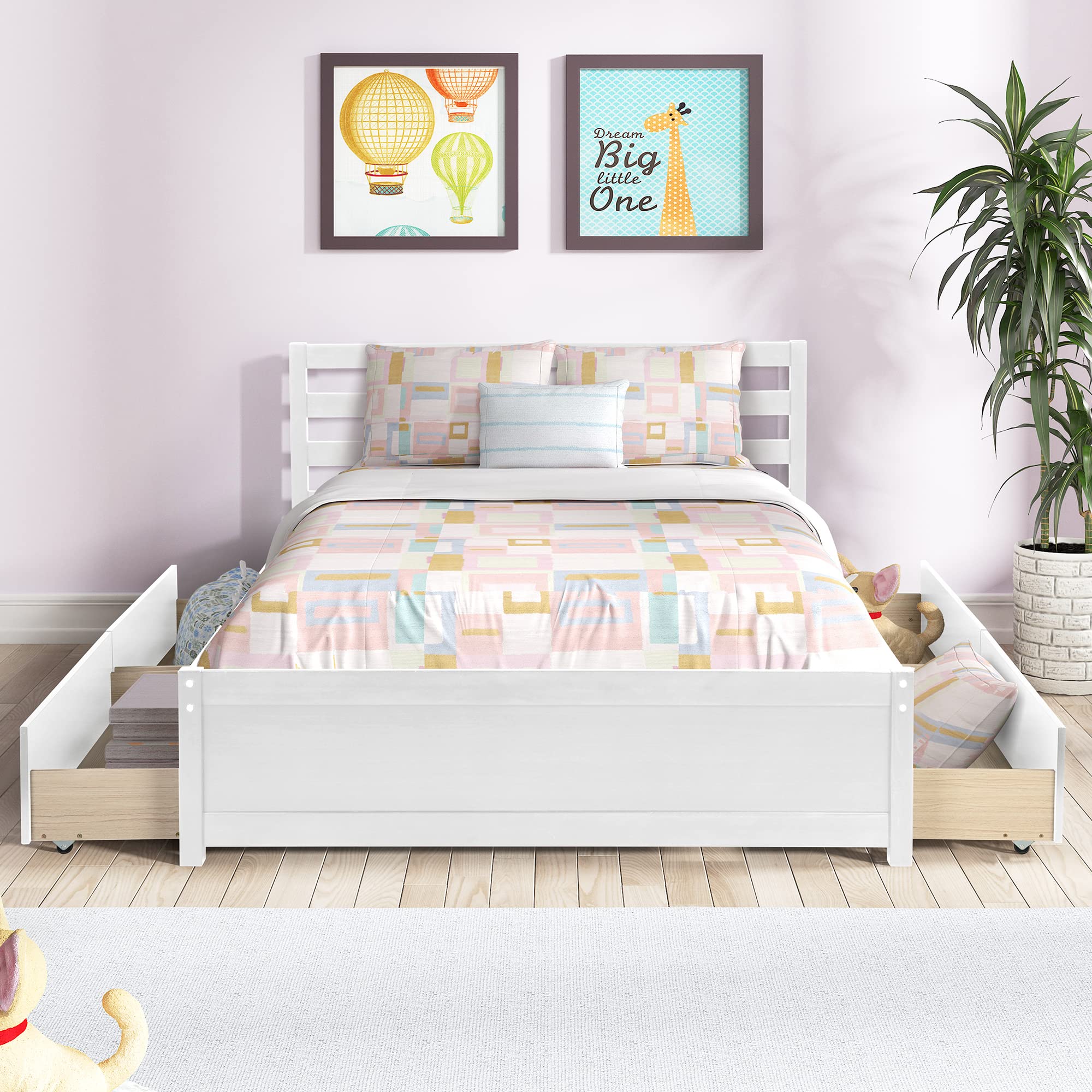 Full Size Platform Bed Frame with 4 Storage Drawers & Headboard - Wooden Slat Support, No Box Spring Needed - White - Perfect for Kids Bedroom, Guest Room & Small Space Storage Solutions