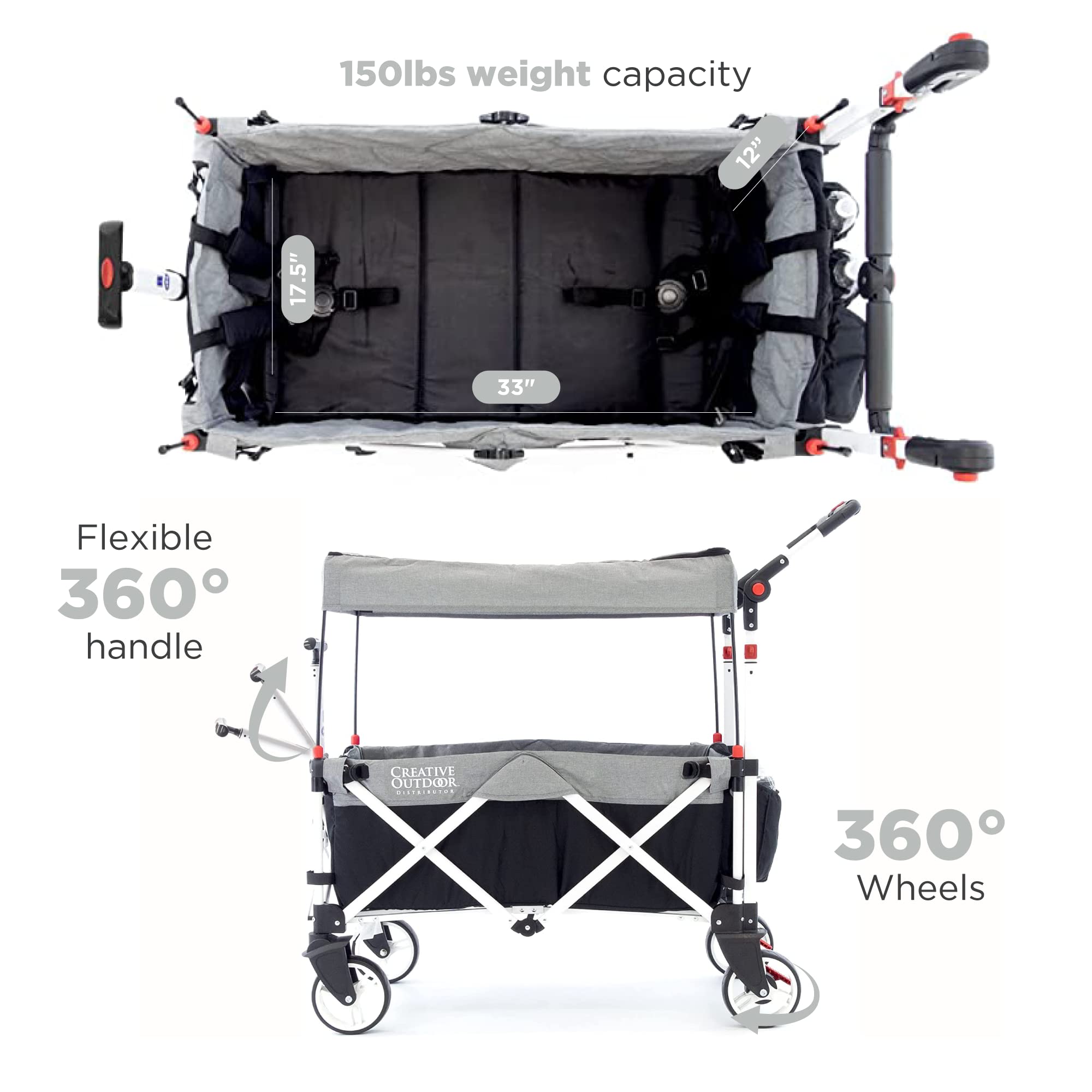 Ultra Compact Folding Stroller Wagon with Canopy - Lightweight Push Pull Design for Camping, Beach, Park & Sporting Events - Supports 150lbs - Gray/Black - Perfect for Family Outings, Travel & Outdoor Adventures
