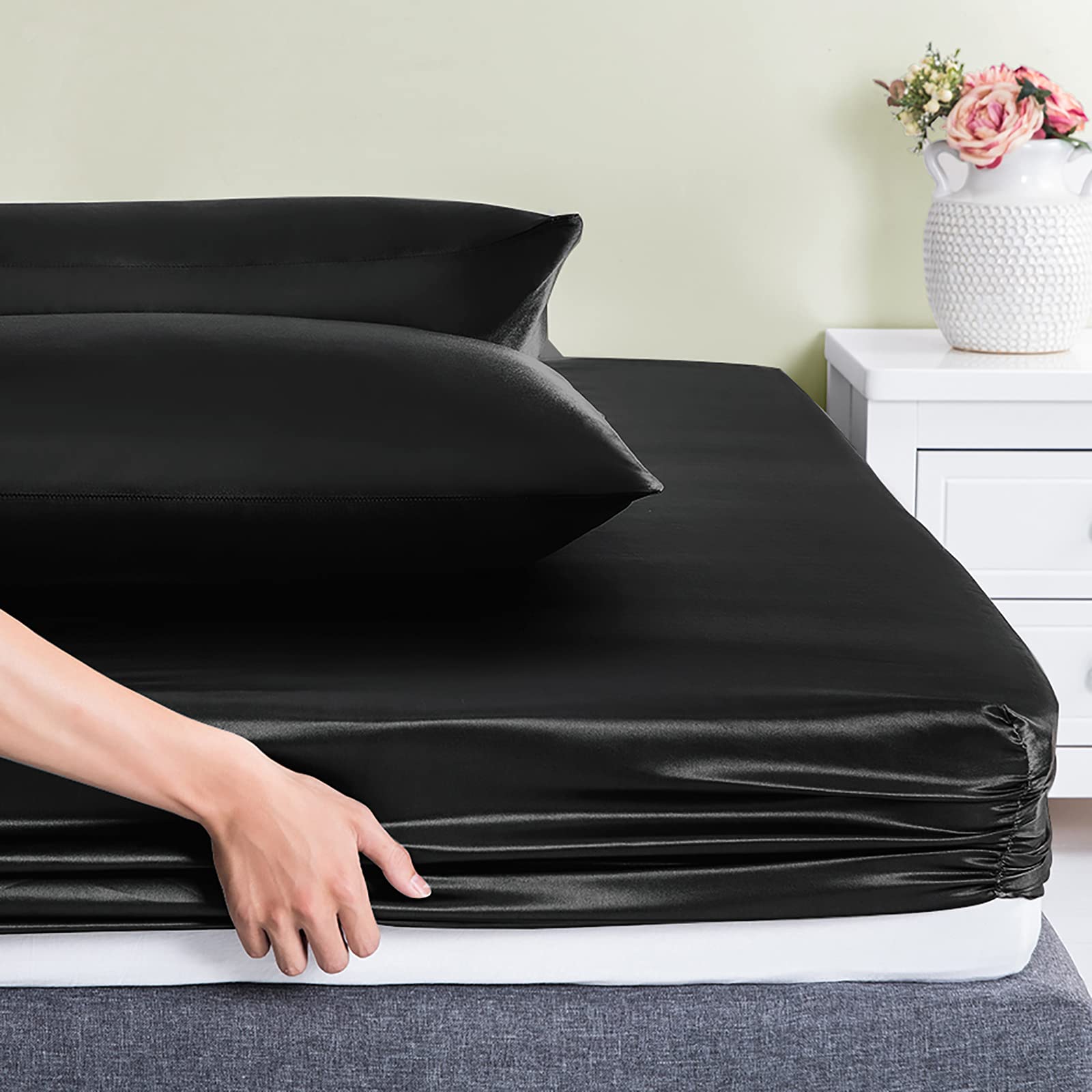 Black Satin Queen Sheet Set - 4pc Deep Pocket for Bedroom Luxury