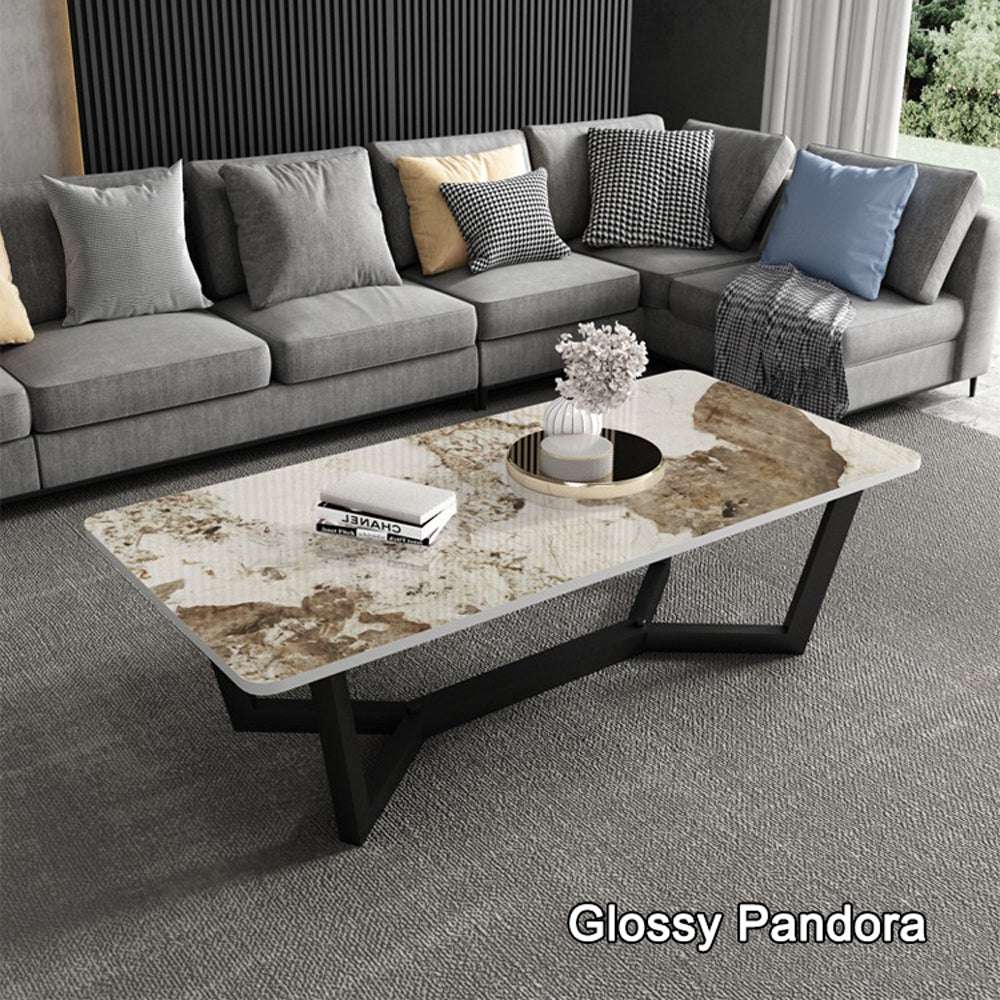120x60cm Glossy Pandora Minimalist Slate Coffee Table - Modern Marble Tea Table for Living Room, Rectangle Cocktail Side Table with Solid Metal Legs - Perfect for Small Spaces, Apartments & Lounge Decor
