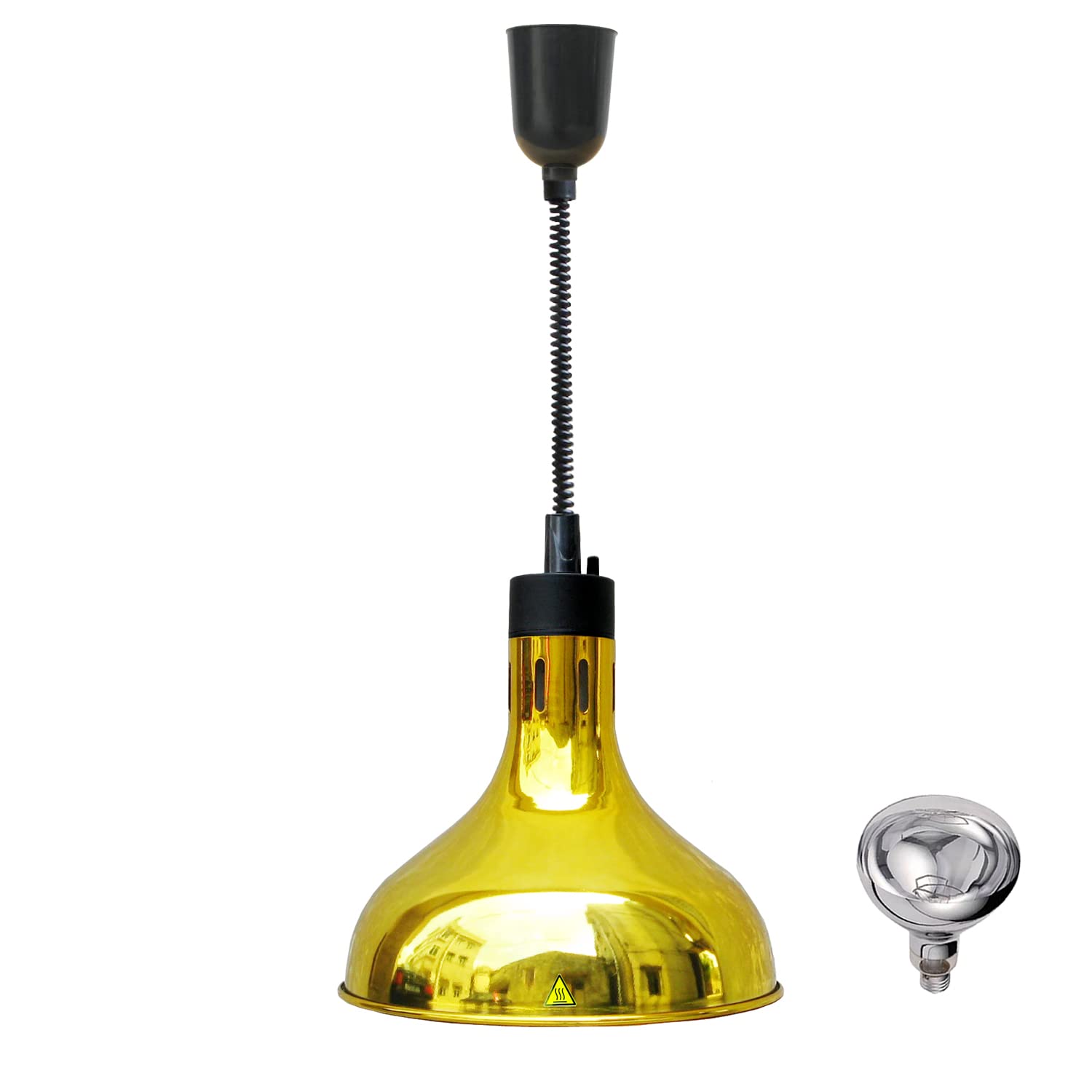 250W Infrared Food Warmer Heat Lamp with Retractable Cord - 29cm Gold Hanging Heating Light for Restaurants, Buffets & Catering - Keep Pizzas, Fried Chicken & Dishes Warm Perfectly