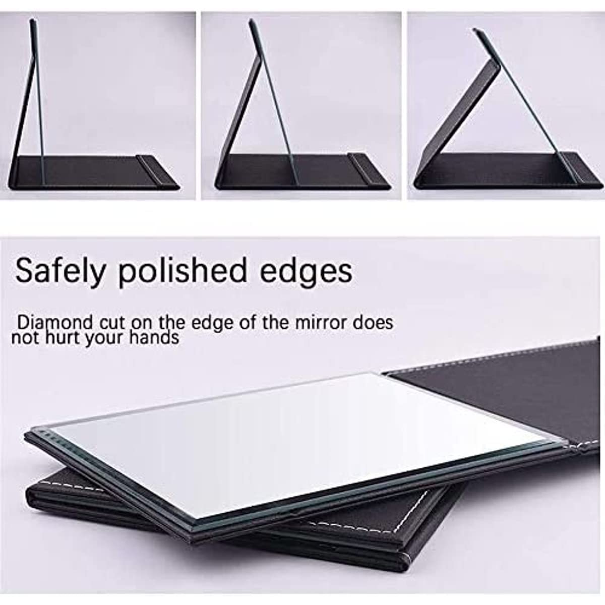 PLUZNIQ Portable Folding Vanity Makeup Mirror - Slim PU Leather Travel Cosmetic Mirror with Stand, White Rectangular Framed Design for Home, Travel & Dressing Room