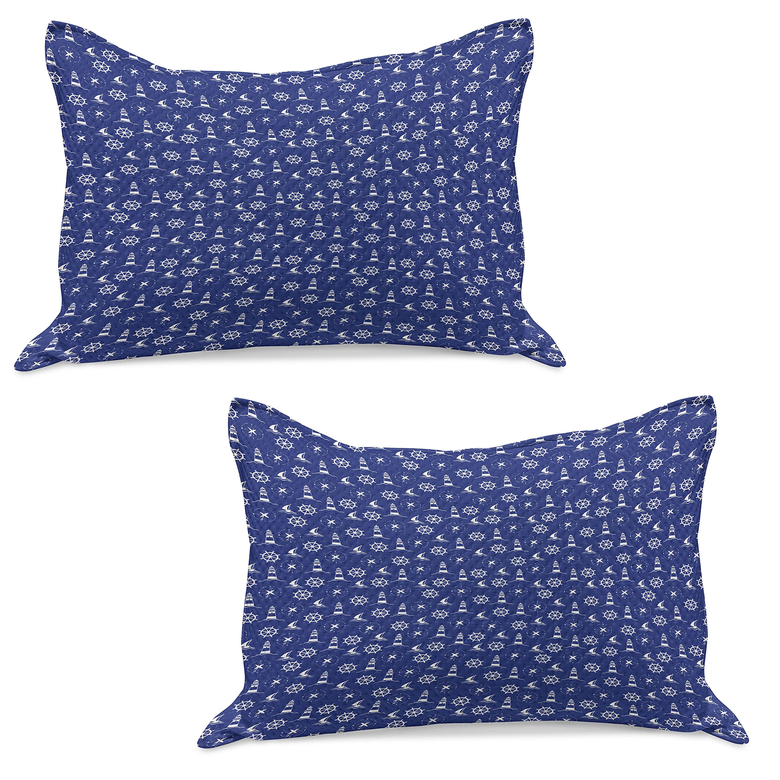Ambesonne 2-Pack Lighthouse Quilted Pillow Covers, Nautical Theme with Marine Silhouettes, Compass, Ships & Steering Wheel - Standard Queen Size 30