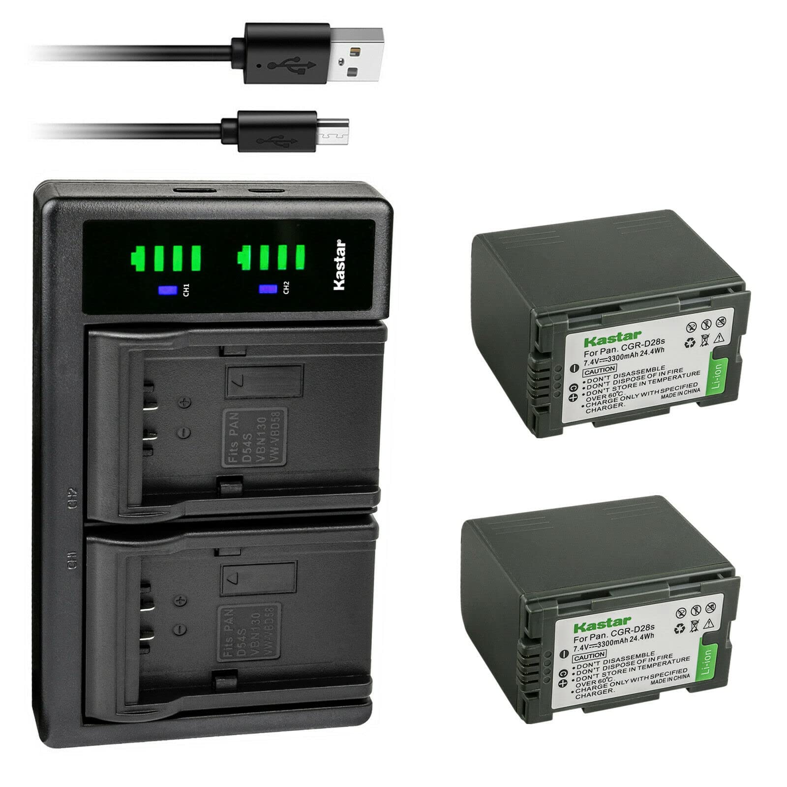 Kastar 2-Pack CGR-D28 Replacement Battery & LTD2 USB Charger for Panasonic AG-DVX102/102A/102B/1000, AG-EZ50U, AG-HVX200, NV-C1/C2/C3/C5/C7, NV-D89/DA1 Camcorders - Perfect for Travel, Vlogging & Professional Videography